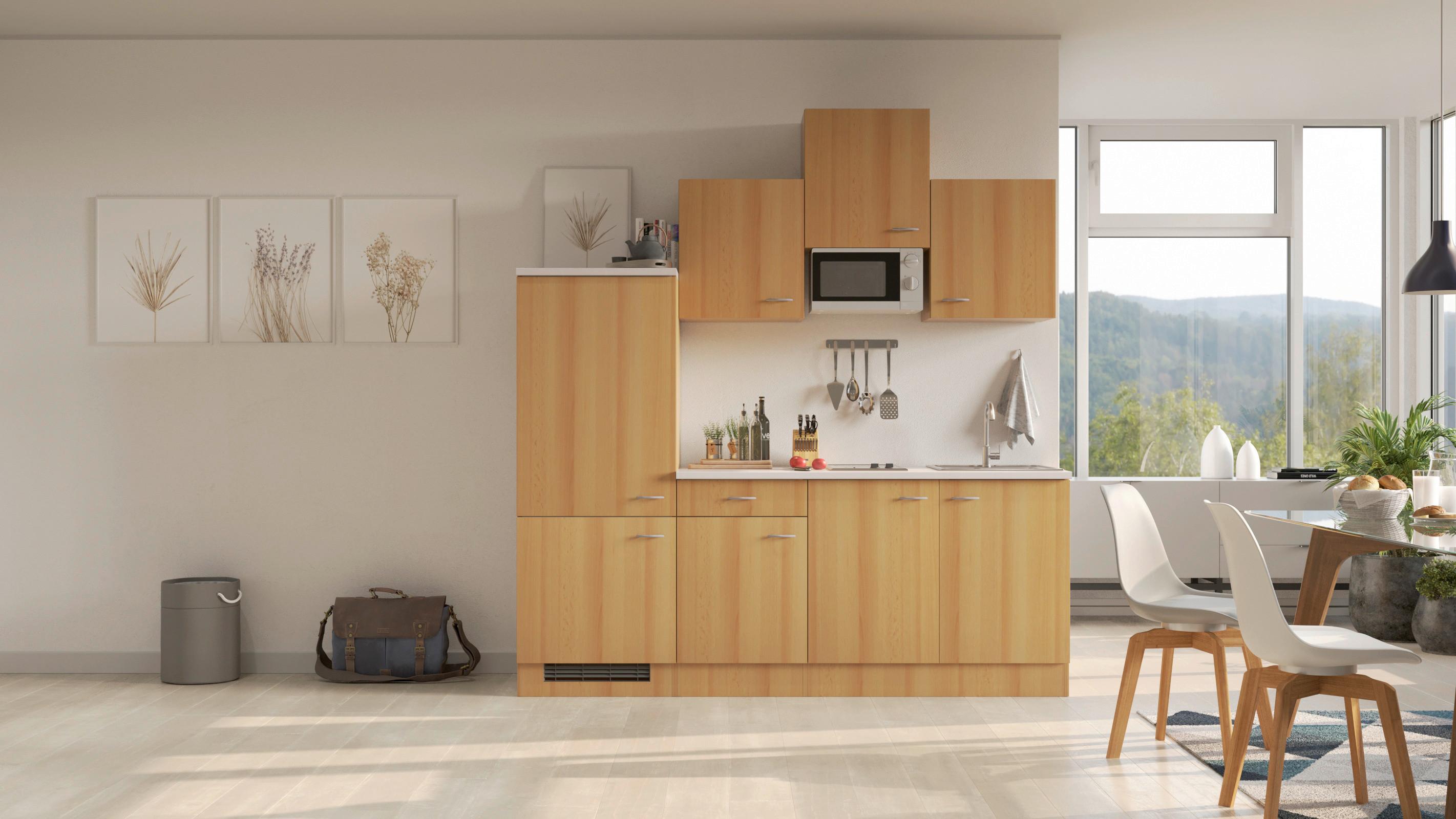 Küchenzeile Nano mit Geräten 210 cm Creme/Buche Dekor - Beige/Buchefarben, MODERN, Holzwerkstoff (210cm) - FlexWell