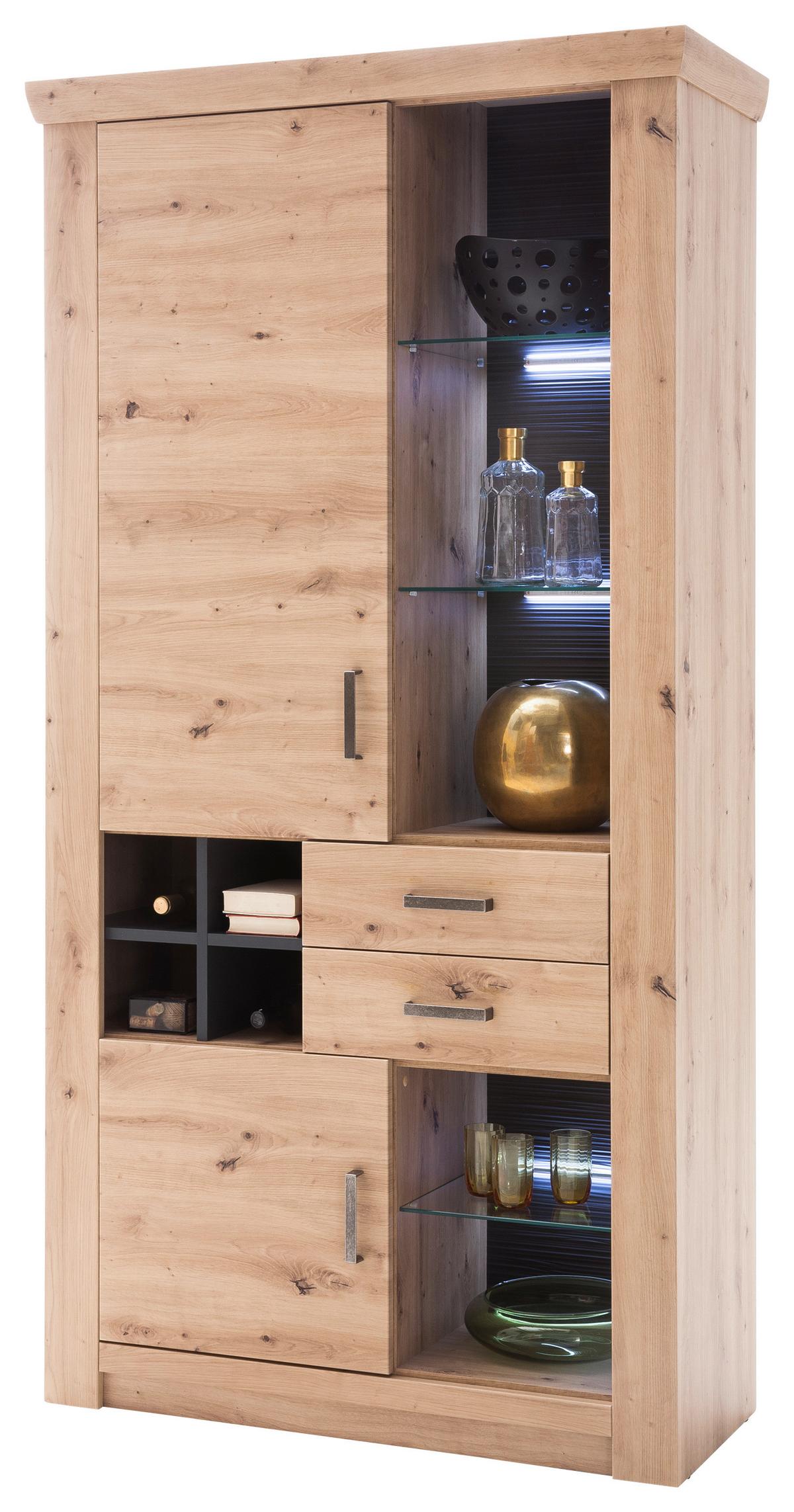 Vitrine B: 110 cm Meran Anthrazit/Eichefarben - Eichefarben/Anthrazit, Design, Glas/Holzwerkstoff (110/211/45cm) - Livetastic