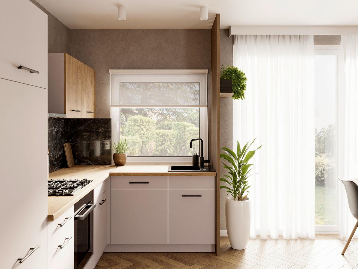 Rohová kuchyňa BRIXEN kašmír / dub Lancelot - čierna/kašmírová, Konventionell, kompozitné drevo/plast (280/170/200/60cm)