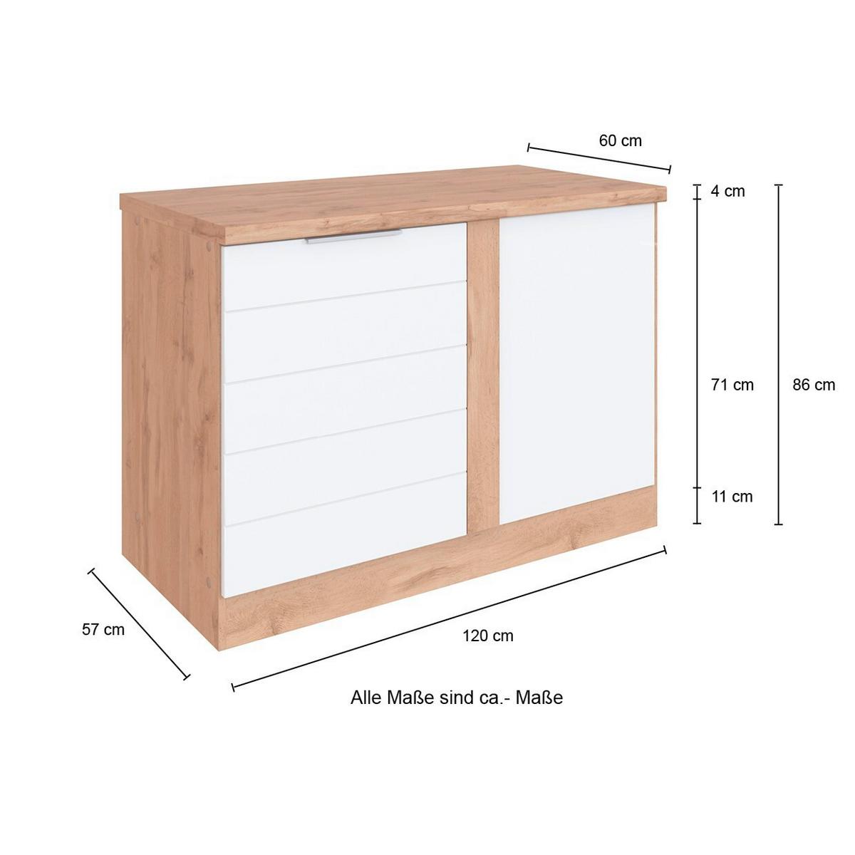 Eckunterschrank Florenz B: 120 cm Weiß/Eiche Dekor 1 Tür - Eiche Wotan/Weiß, Design, Holzwerkstoff (120/86/60cm) - Held