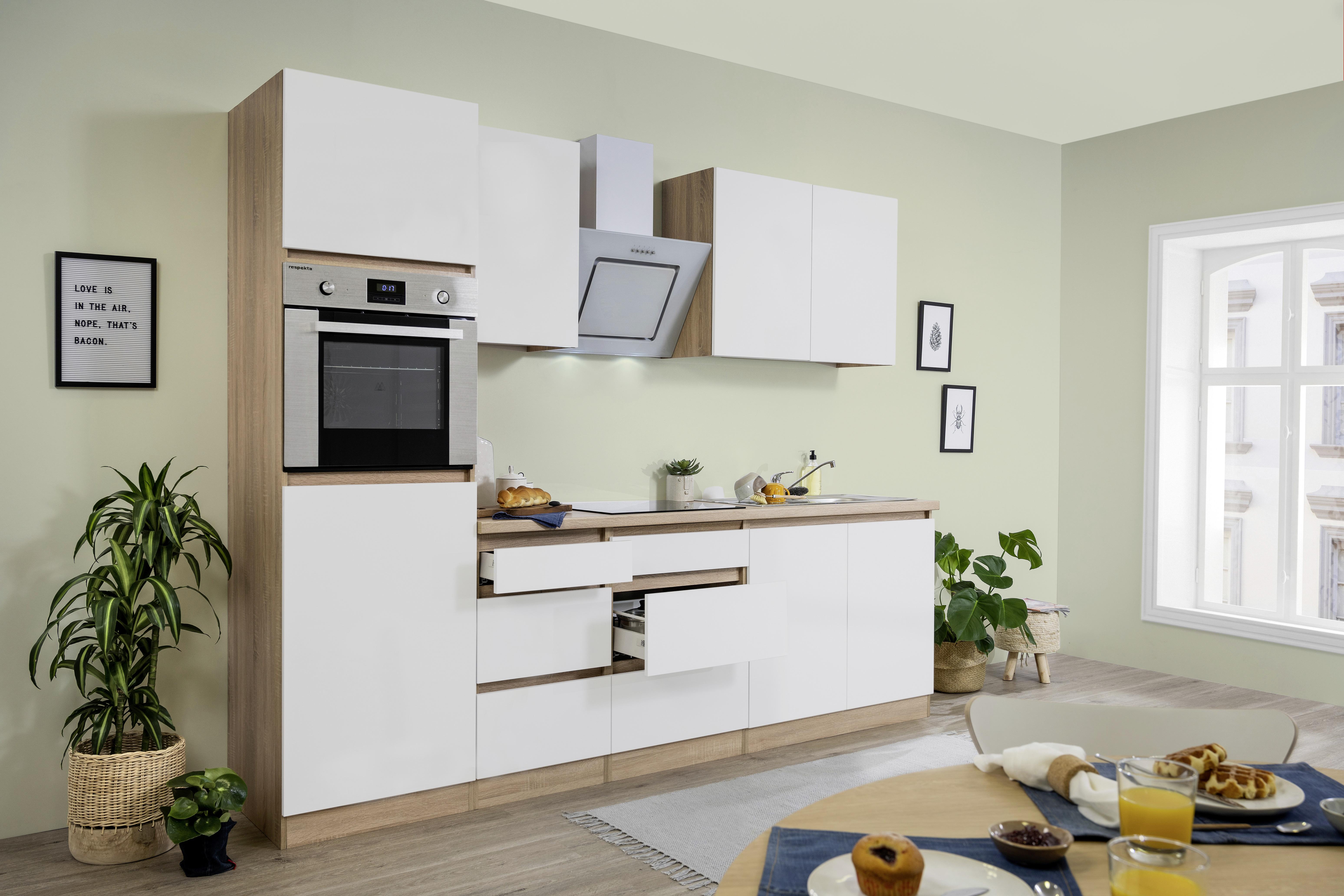 Küchenzeile Premium mit Geräten 270 cm Weiß/Eiche Dekor Modern