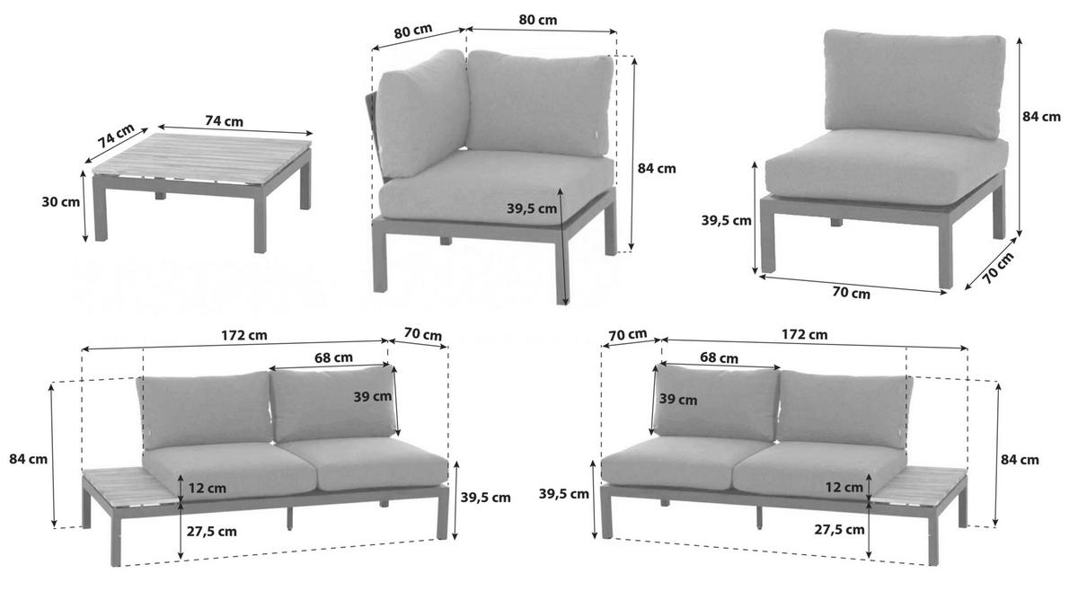 Loungegarnitur 8-Tlg Teakholz/Metall mit Kissen - Anthrazit/Grau, KONVENTIONELL, Holz/Textil (322/84/252cm) - Siena Garden