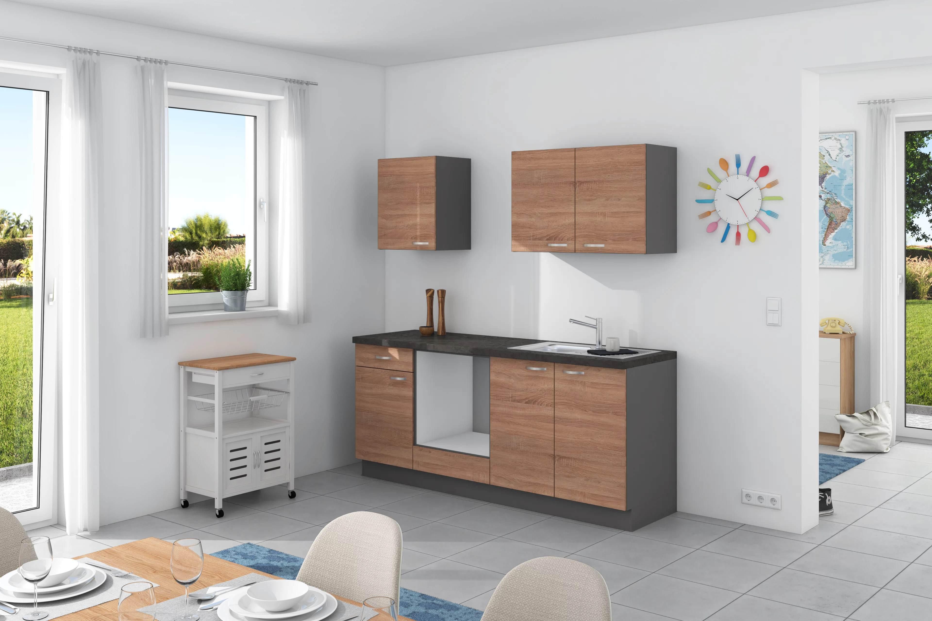 Küchenzeile Plan ohne Geräte ohne Geräte B: 200 cm - Eichefarben/Anthrazit, Design, Holzwerkstoff (200cm) - Express