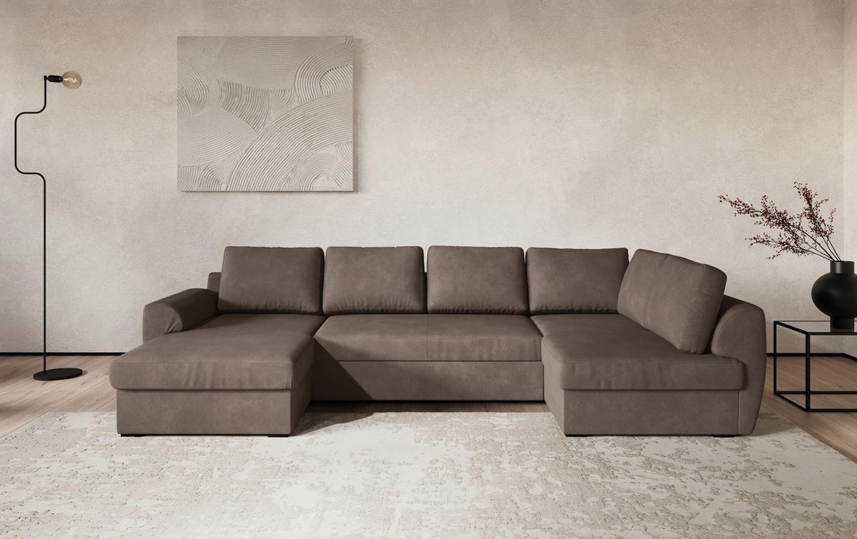 Wohnlandschaft m. Bettfunktion Mirkrofaser taupe, B: 327cm - Taupe/Schwarz, Trend, Textil (154/327/86cm) - MID.YOU