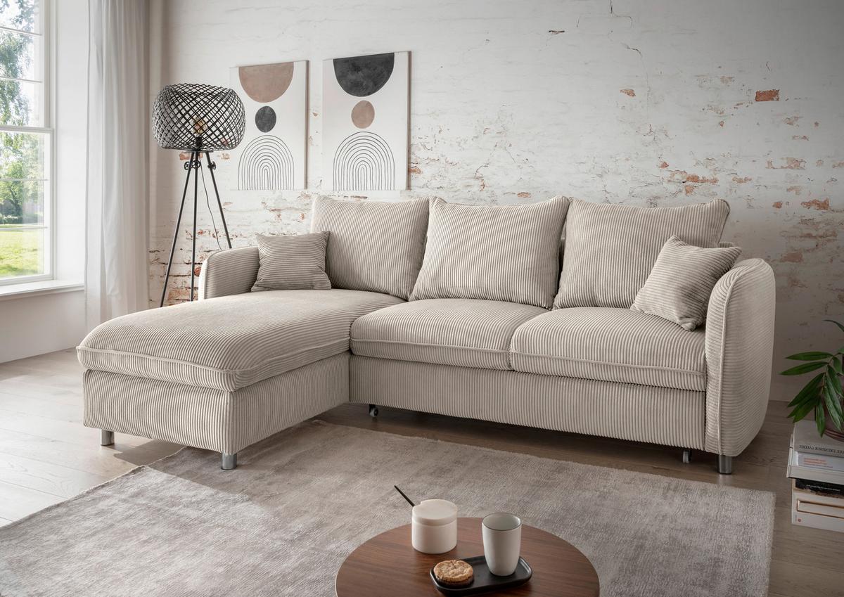 Eckschlafsofa Lauritio, Beige S: 254x160 cm - Chromfarben/Beige, MODERN, Textil (254/160cm) - Livetastic