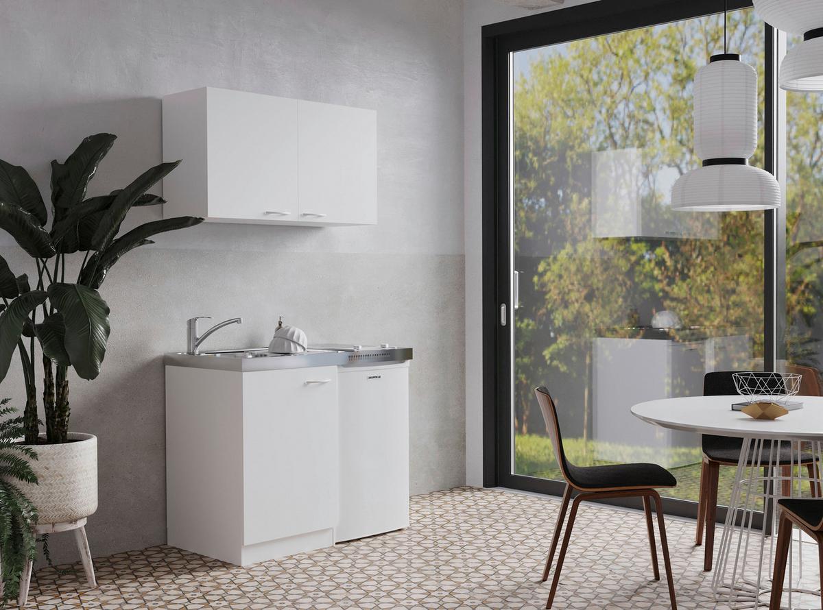 Miniküche M. Kühlschrank + Kochfeld 100 Cm Weiß Dekor - Weiß, MODERN, Holzwerkstoff/Metall (100cm) - Respekta