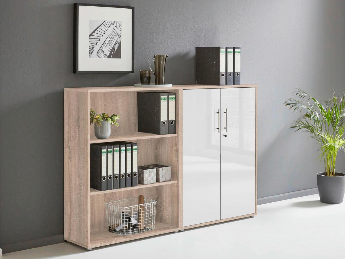 Büro Office Edition Eiche Dekor/weiß Hochglanz - Weiß Hochglanz/Sonoma Eiche, MODERN, Holzwerkstoff/Metall - MID.YOU