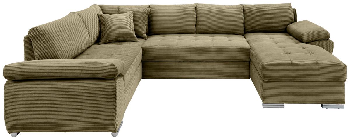 Wohnlandschaft Terana mit Schlaffunktion, Olivgrün - Chromfarben/Olivgrün, KONVENTIONELL, Textil (219/305/157cm) - Livetastic