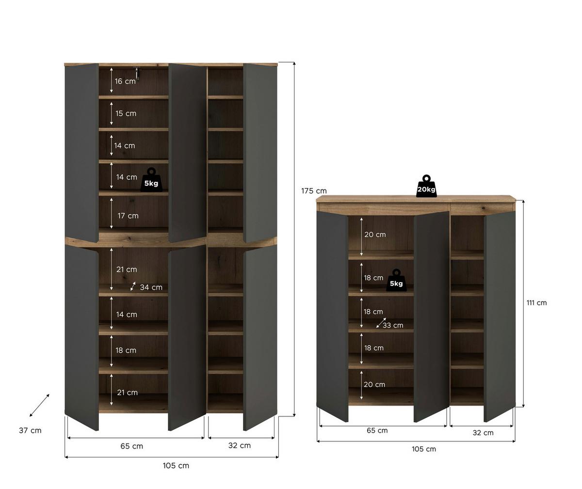 Garderobenschrank Scarpa Eiche Dekor, Anthrazit B:175cm - Eichefarben/Anthrazit, Design, Holzwerkstoff (235/175/37cm) - Livetastic