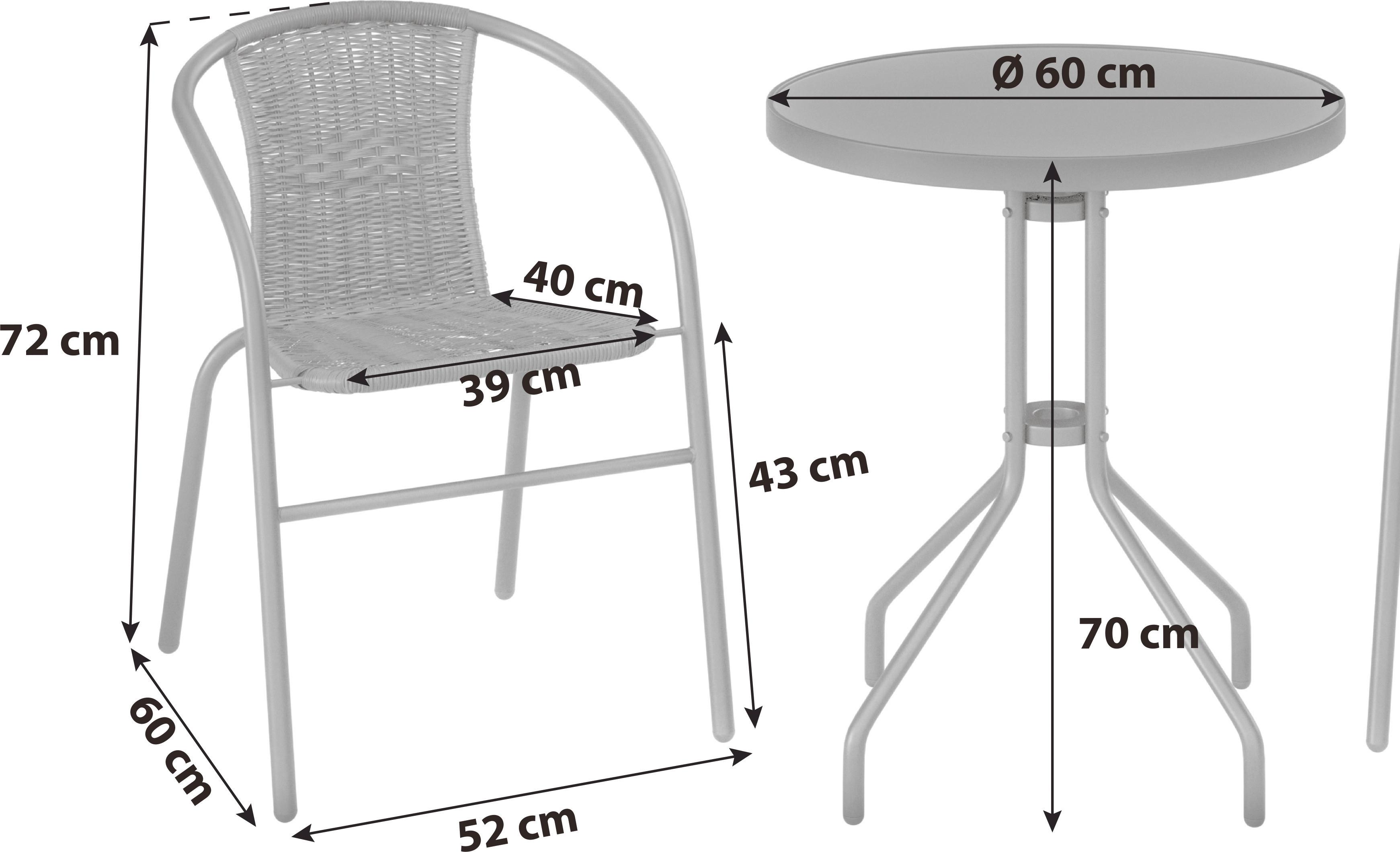 Balkonmöbel Set Mailand Metall/kunststoff/glas - Schwarz, MODERN, Glas/Kunststoff (60x52/70x72/60x60cm) - Ondega