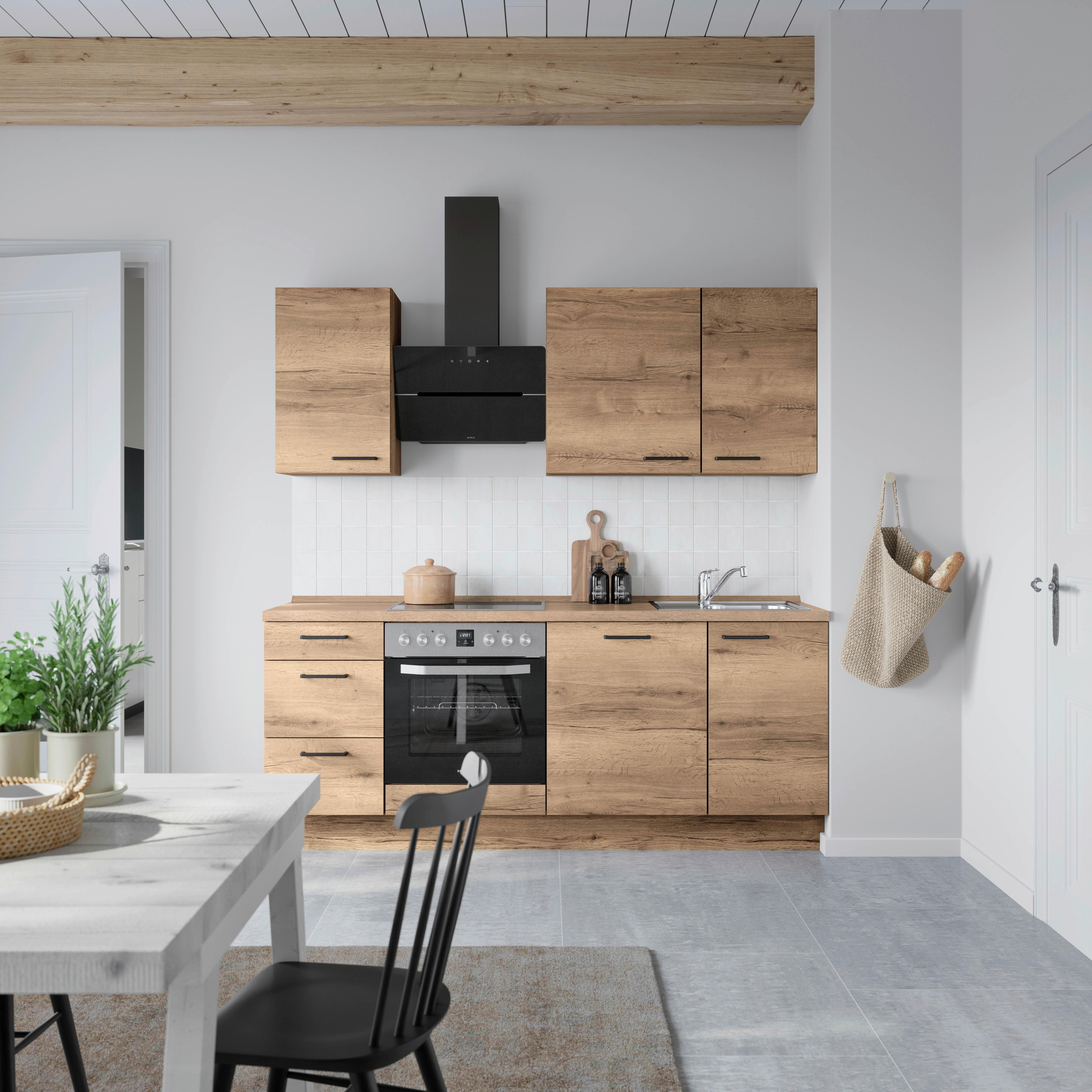 Kuchyňská linka 210 cm, dekor dub Havanna - černá/tmavý dub, Moderní, kov/kompozitní dřevo (210cm) - Nobilia