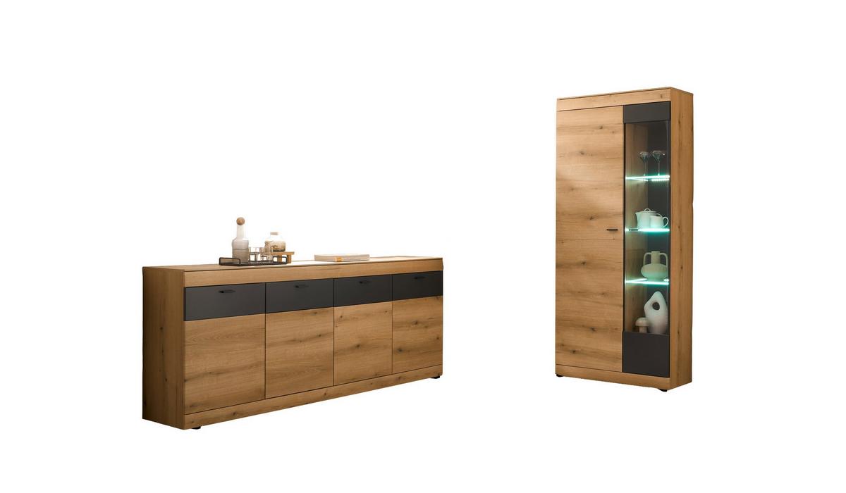 Wohnwand Soleto Graphit/Eichefarben B: 89,8cm - Eichefarben/Schwarz, Design, Glas/Holzwerkstoff (89,8/200,2/35,4cm) - MID.YOU