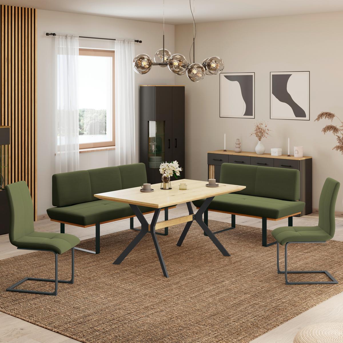 Sitzbank Tristan Webstoff moosgrün , B: 170cm - Schwarz/Grün, MODERN, Holz/Textil (170/48/90cm) - James Wood