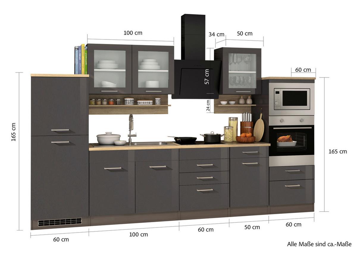 Küchenblock Mailand Graphitfarben B: 330cm - Graphitfarben/Sonoma Eiche, MODERN, Glas/Holzwerkstoff (330cm) - Held