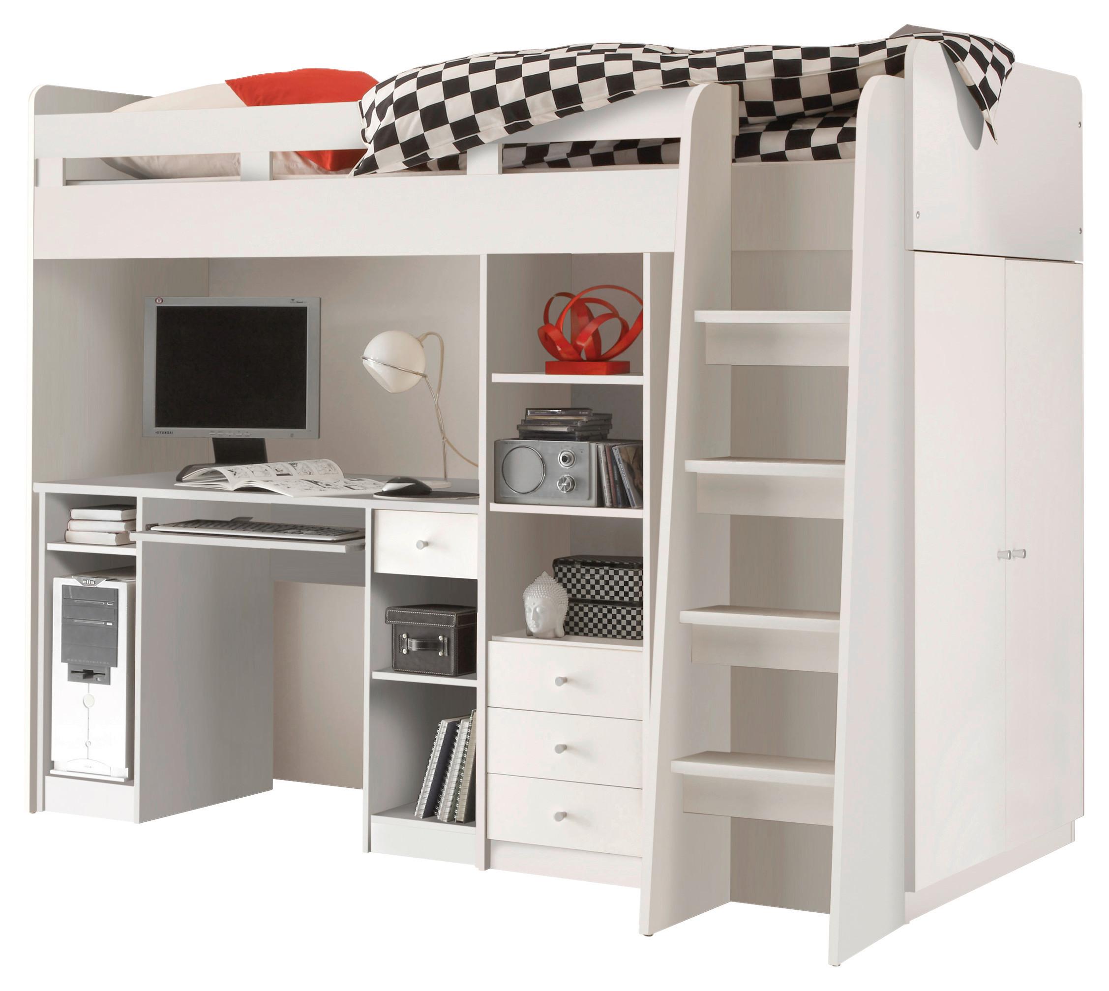 Vysoká Posteľ Unit So Stolíkom A Skrinkou - biela, Moderný, kompozitné drevo (90/200cm) - MID.YOU