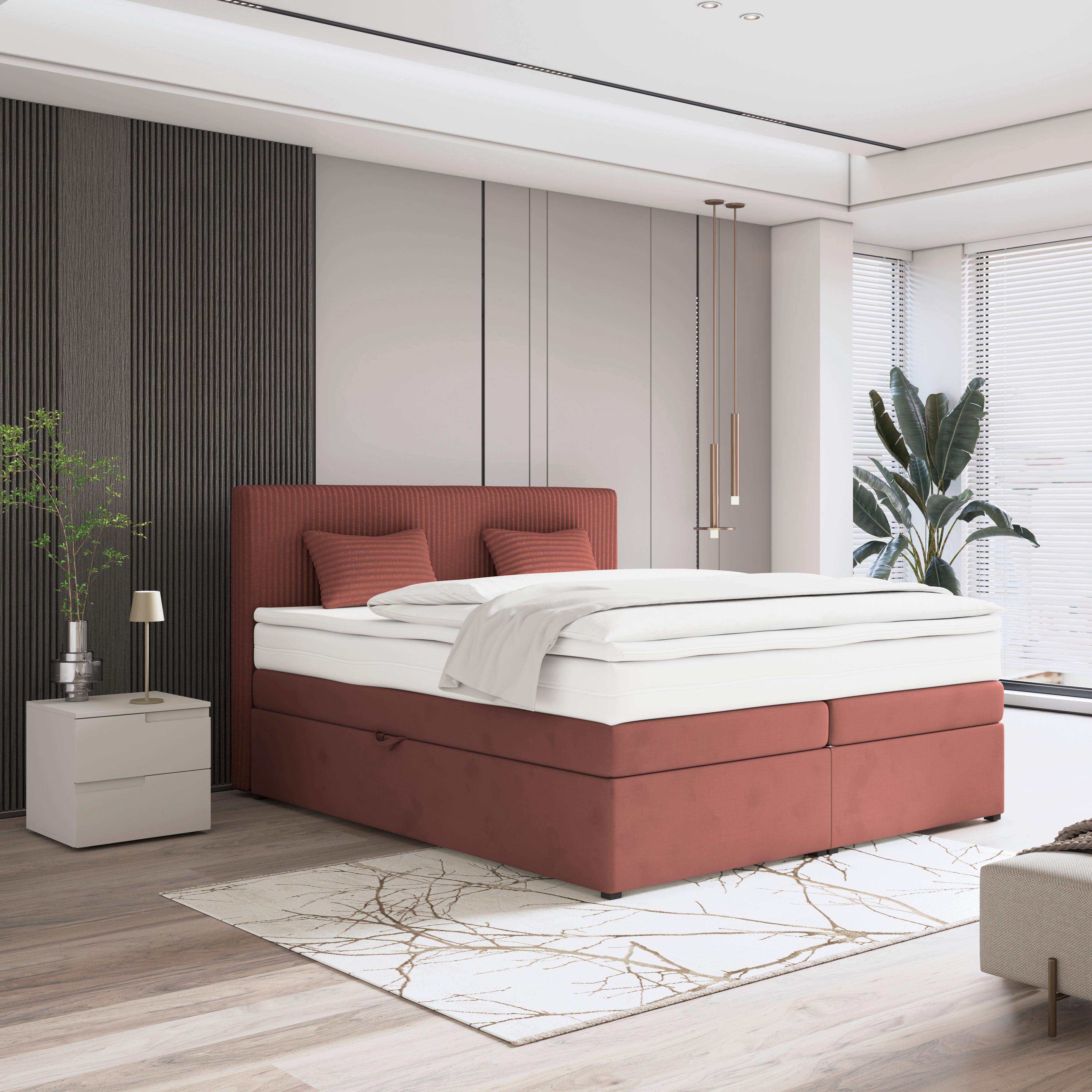 Boxspringbett Mit Topper Mit Bettkasten 180x200 Cm Rossa - Altrosa/Schwarz, MODERN, Holzwerkstoff/Textil (180/200cm)