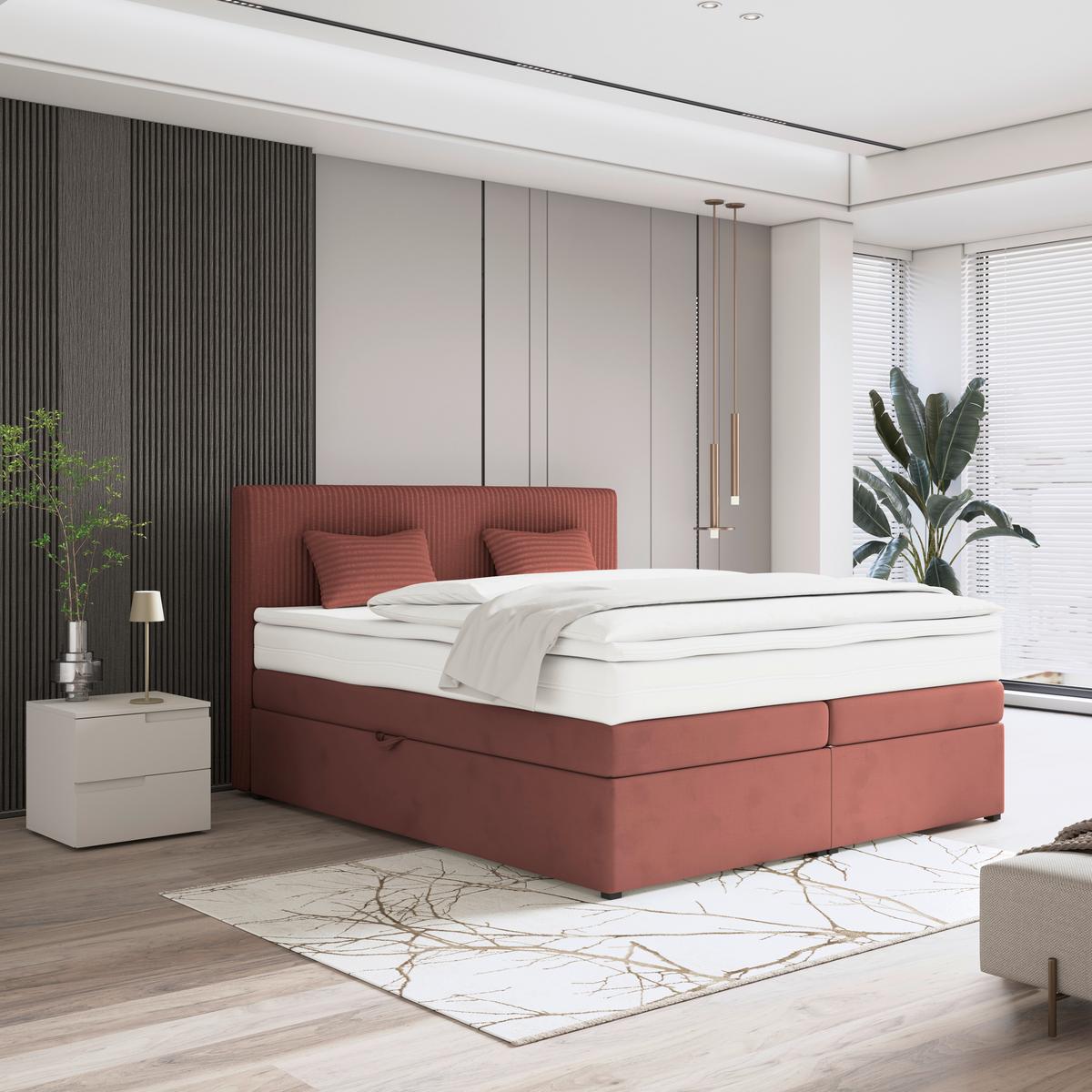 Boxspringbett Mit Topper Mit Bettkasten 180x200 Cm Rossa - Altrosa/Schwarz, MODERN, Holzwerkstoff/Textil (180/200cm)