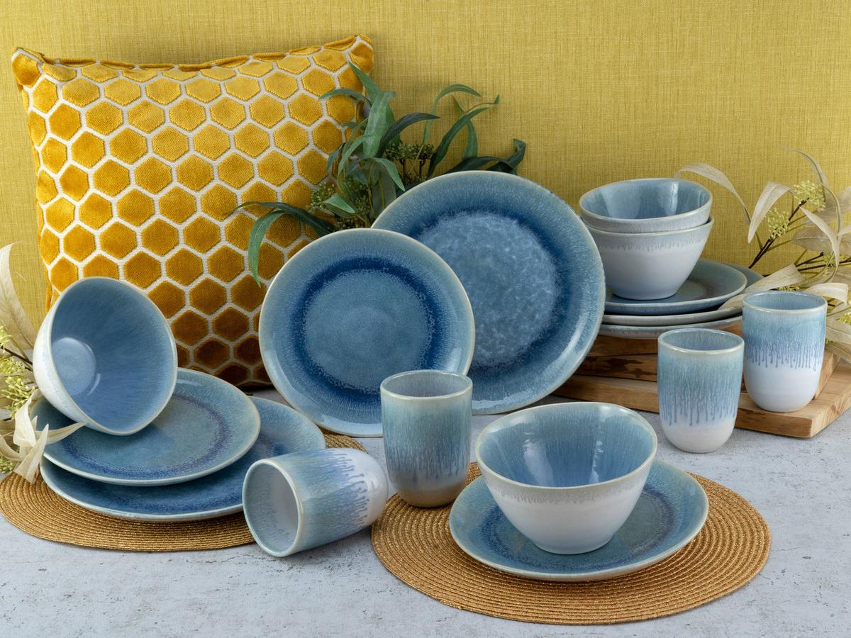 Kombinovaný servis Aquarius modrý, 16 dielny pre 4 osoby - modrá/biela, Trend, keramika (41/35/34cm) - Creatable