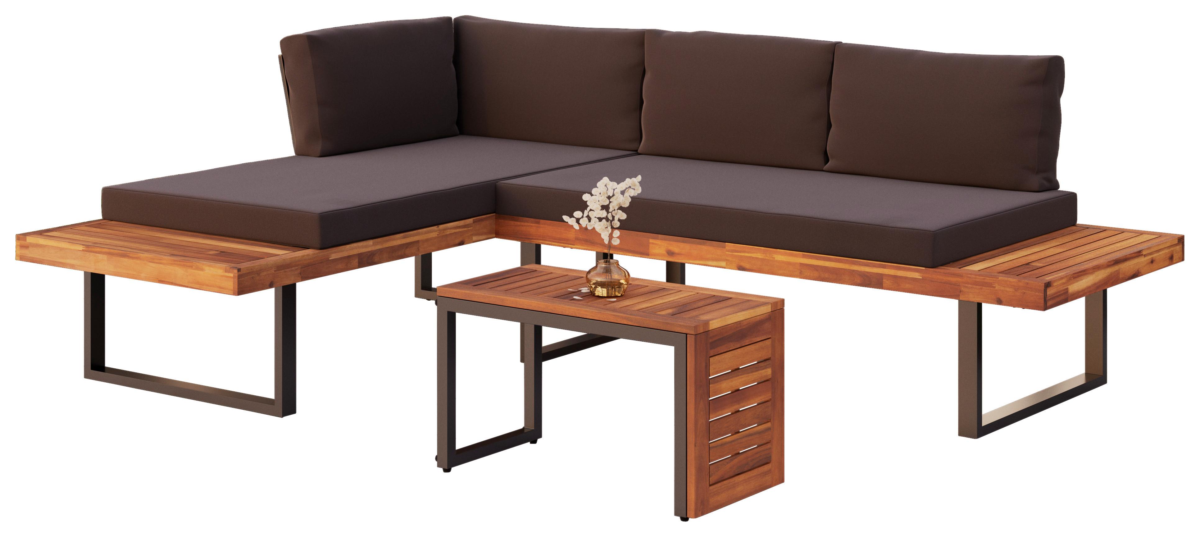 Loungegarnitur 3-Tlg. aus Holz/Metall mit Kissen - Grau, MODERN, Holz/Metall (175/71,5/140cm) - Beldano