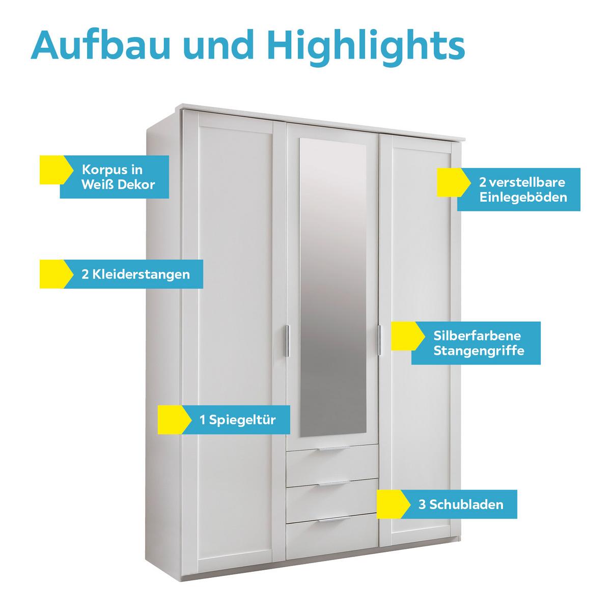 Drehtürenschrank Mit Spiegel + Laden 135cm Nadja, Weiß - Weiß, KONVENTIONELL, Glas/Holzwerkstoff (135/210/59cm) - MID.YOU
