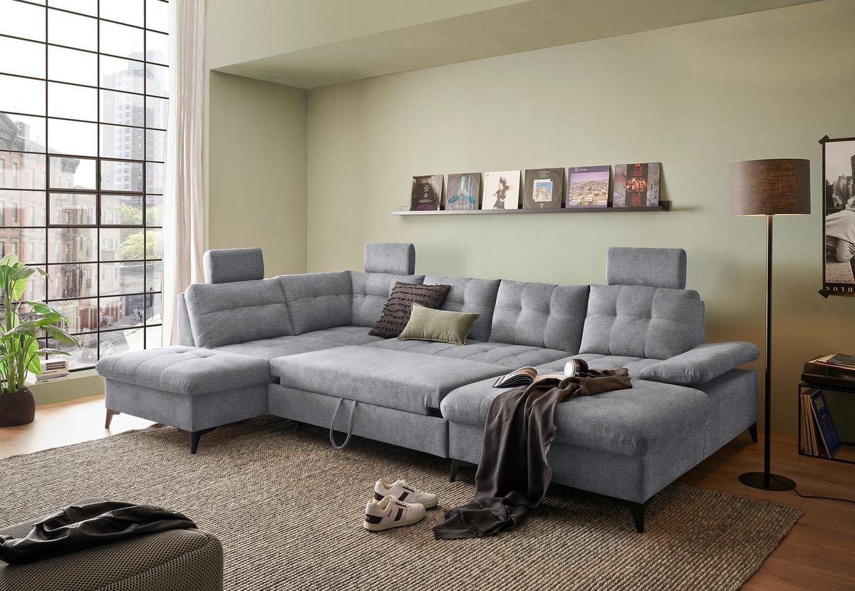 Wohnlandschaft Durban Mit Bettfunktion Grau - Schwarz/Grau, KONVENTIONELL, Textil (218/324/170cm) - MID.YOU