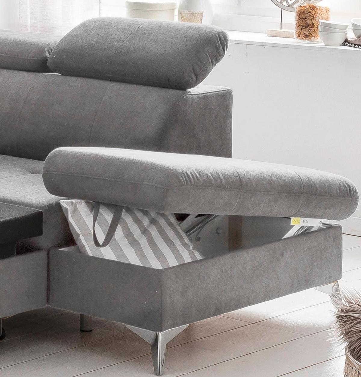 Ecksofa Mit Schlaffunktion Gisele Und Bettkasten Grau - Chromfarben/Grau, KONVENTIONELL, Textil (256/209cm) - Livetastic