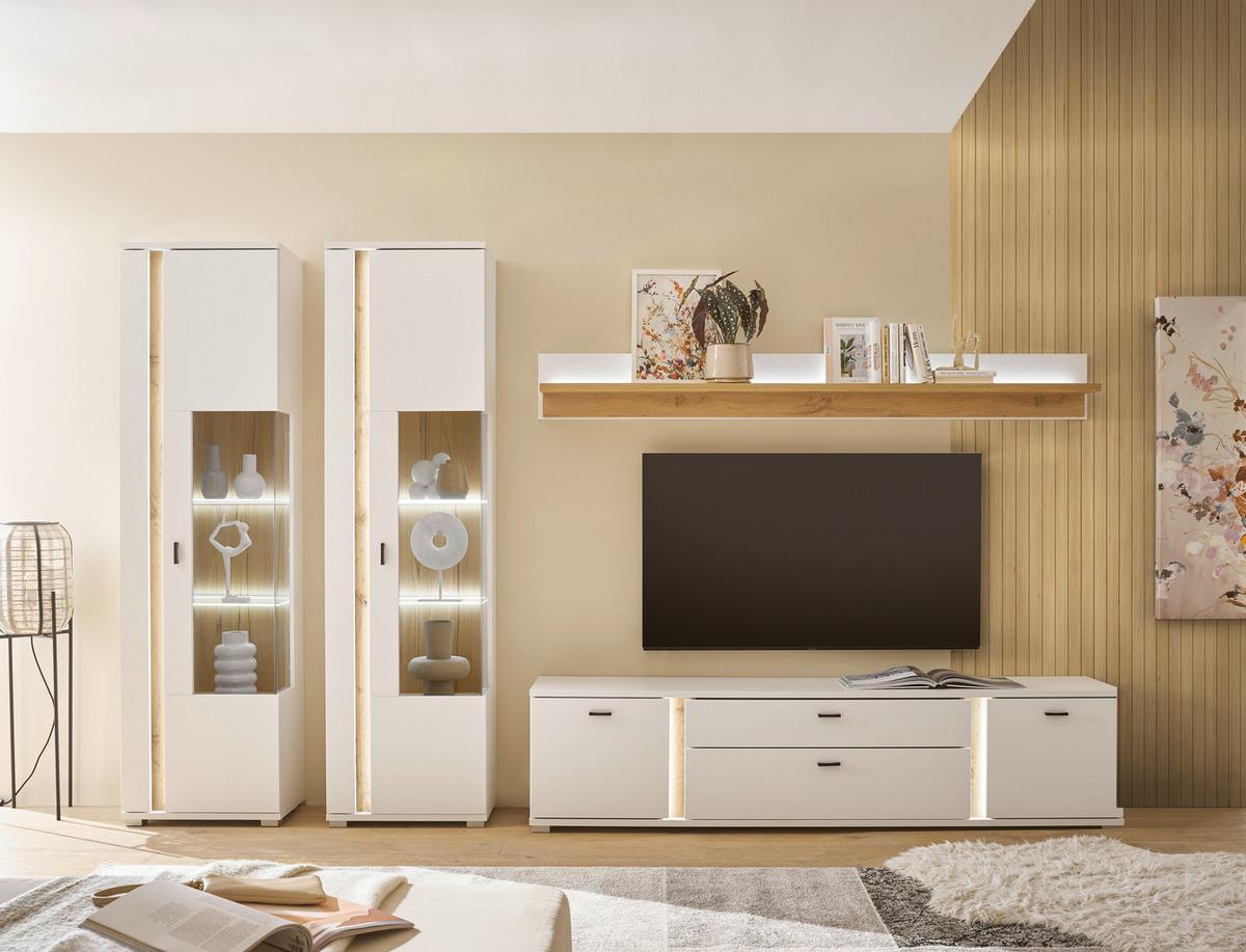 Wohnwand Long Island Weiß/Eiche Wotan B: 330cm - Silberfarben/Eiche Wotan, Design, Glas/Holzwerkstoff (330/200/42cm) - MID.YOU