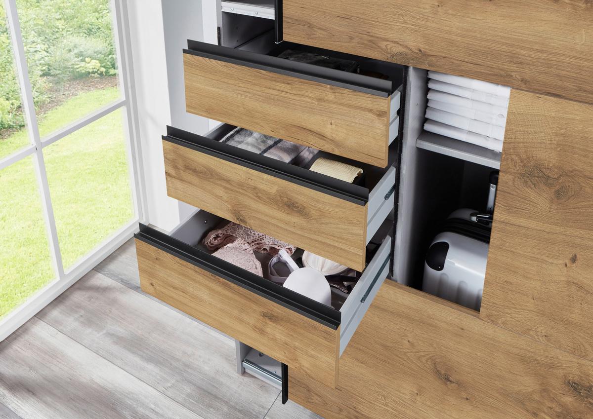 Schwebetürenschrank Saigon - Klar/Eichefarben, MODERN, Glas/Holzwerkstoff (270/208/64cm) - MID.YOU