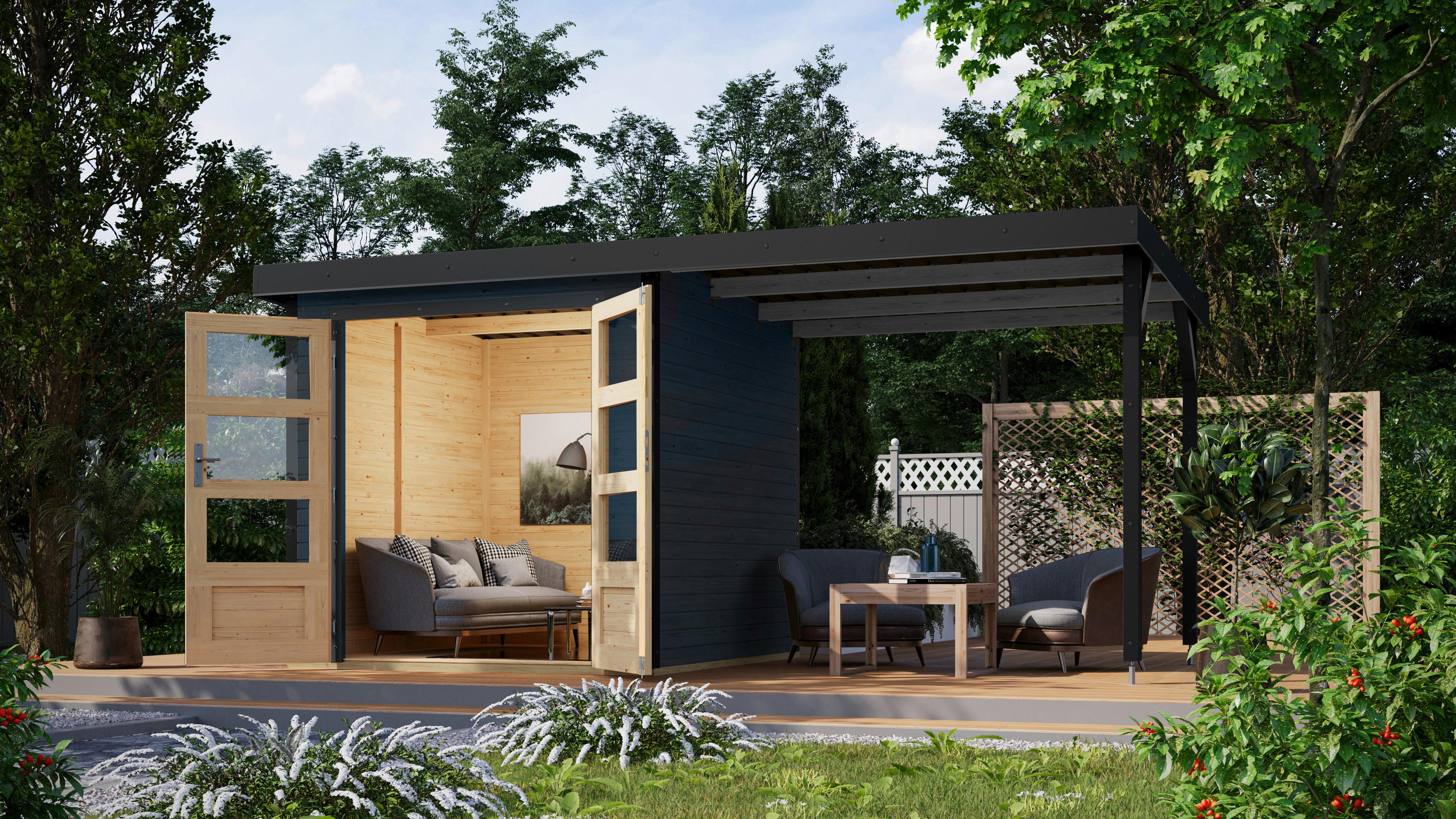 Gartenhaus Gais 2 mit Anbaudach und Fußboden - Anthrazit, MODERN, Holz/Metall (209/208/213cm)