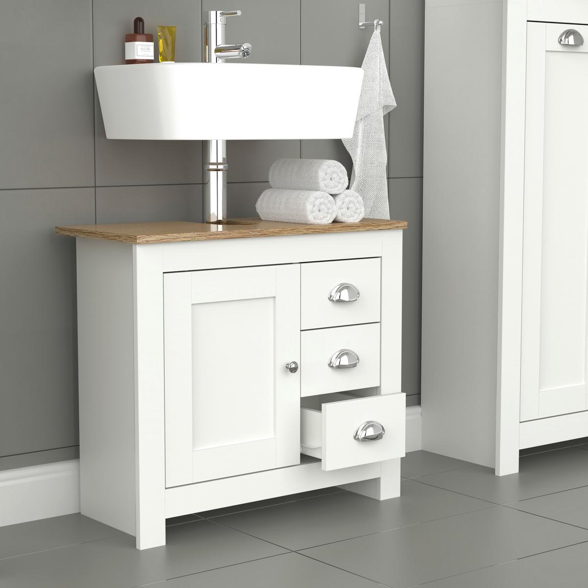 Waschbeckenunterschrank Balusa Weiß/Eiche Dekor B:65cm - Honigeiche/Eichefarben, MODERN, Holzwerkstoff (65/58/30cm) - MID.YOU