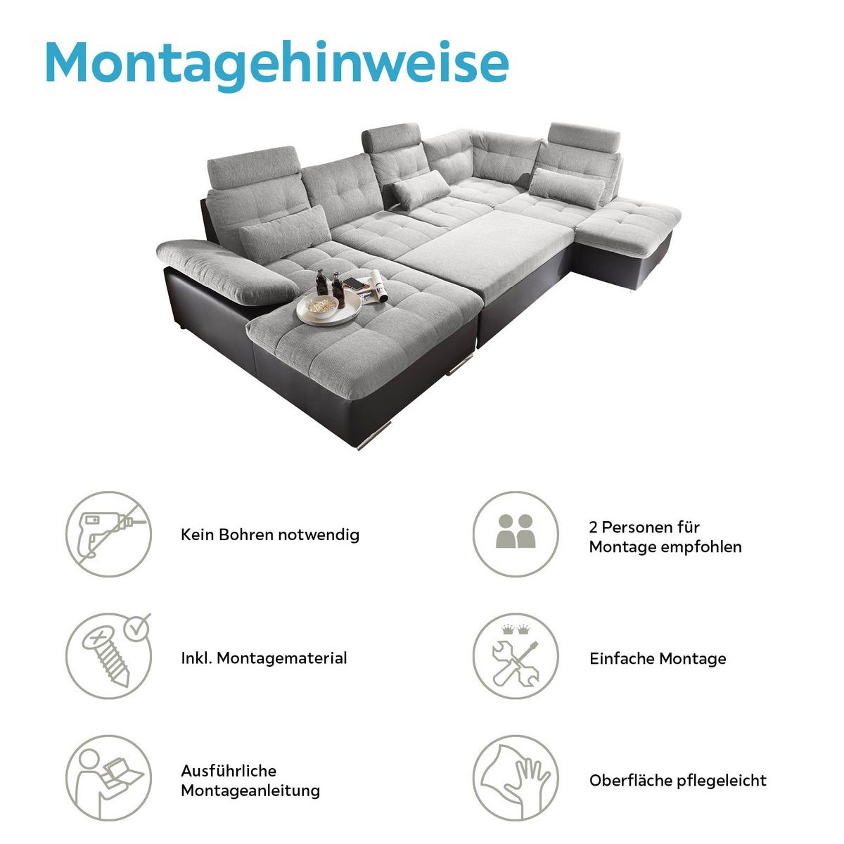 Wohnlandschaft Mit Schlaffunktion Jakarta - Silberfarben/Schwarz, MODERN, Holzwerkstoff/Textil (170/324/218cm) - MID.YOU