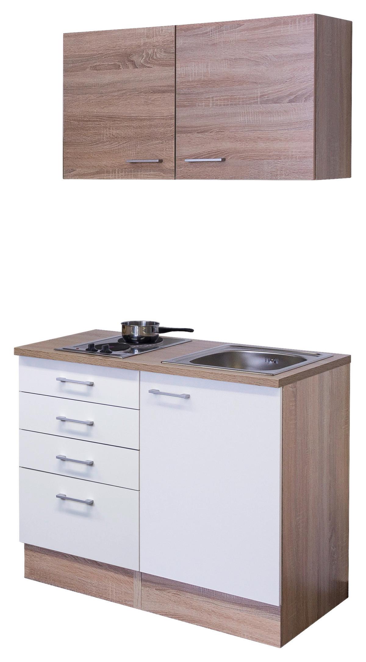 Minikuchyňa SAMOA,šírka 100 cm vrátane drezu a varnej dosky - biela/dub sonoma, Modern, kompozitné drevo/plast (100cm) - FlexWell
