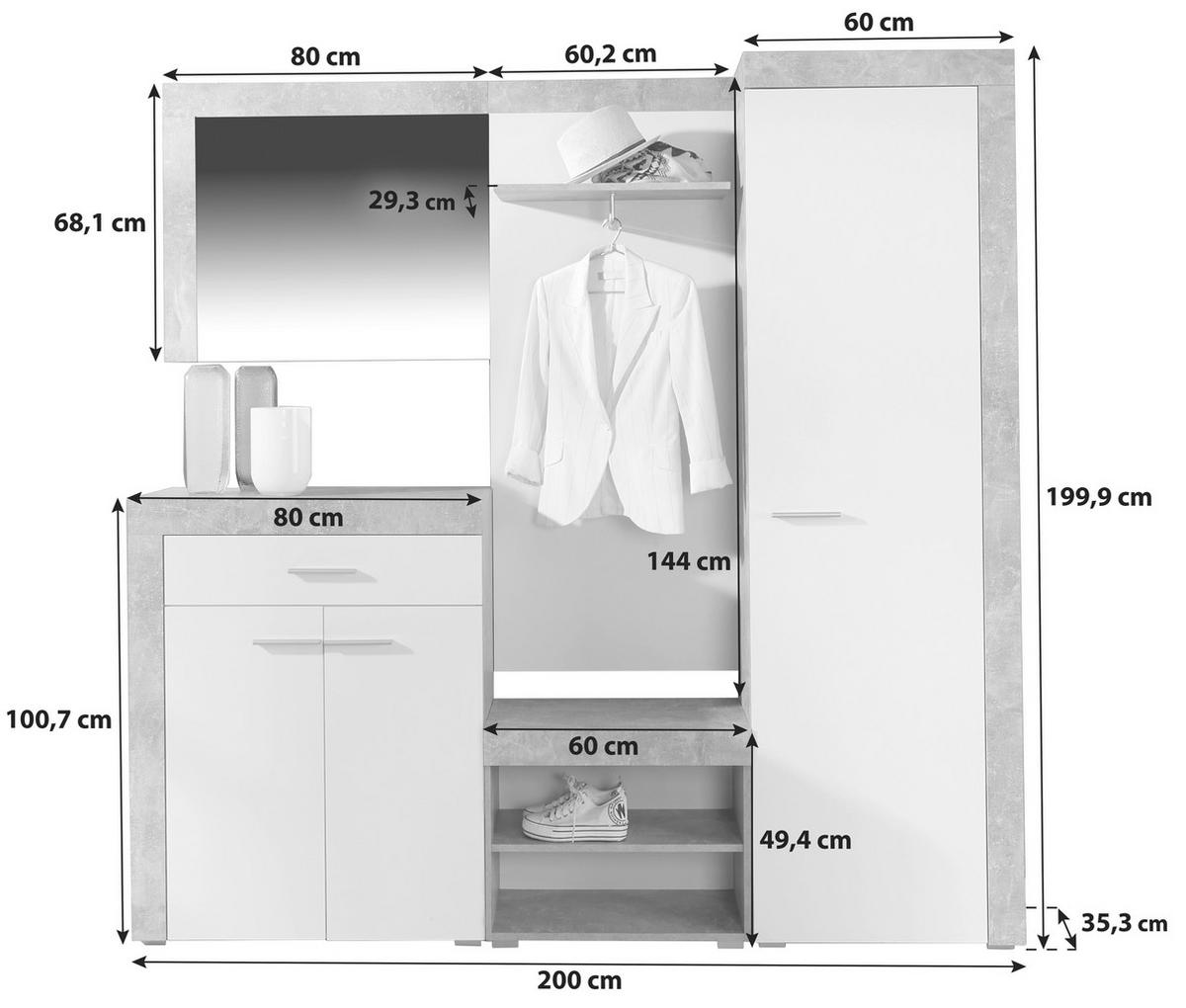 Garderobe Porto Betonoptik/ Weiß B: 200 cm Mit Spiegel - Weiß/Grau, MODERN, Holzwerkstoff (200/200/35,3cm)
