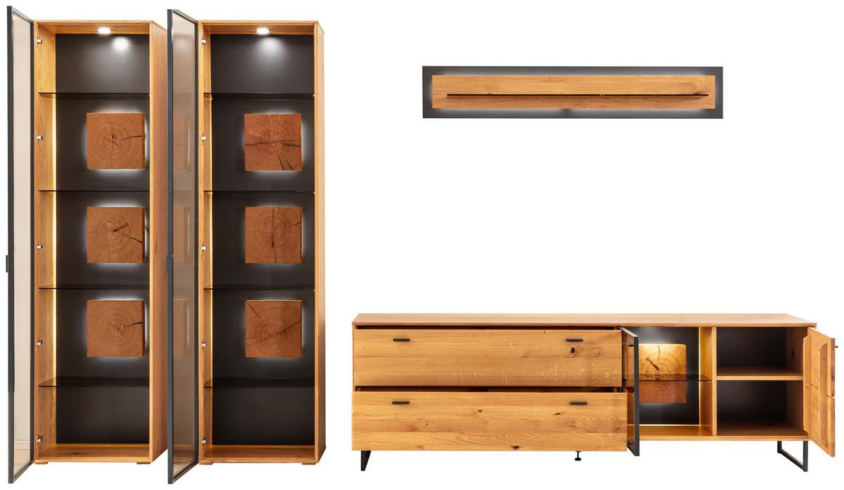 Wohnwand Assini 4-Teilig Wildeiche B: 359 cm - Wildeiche/Schwarz, Design, Glas/Holz (359/206/50cm) - MID.YOU