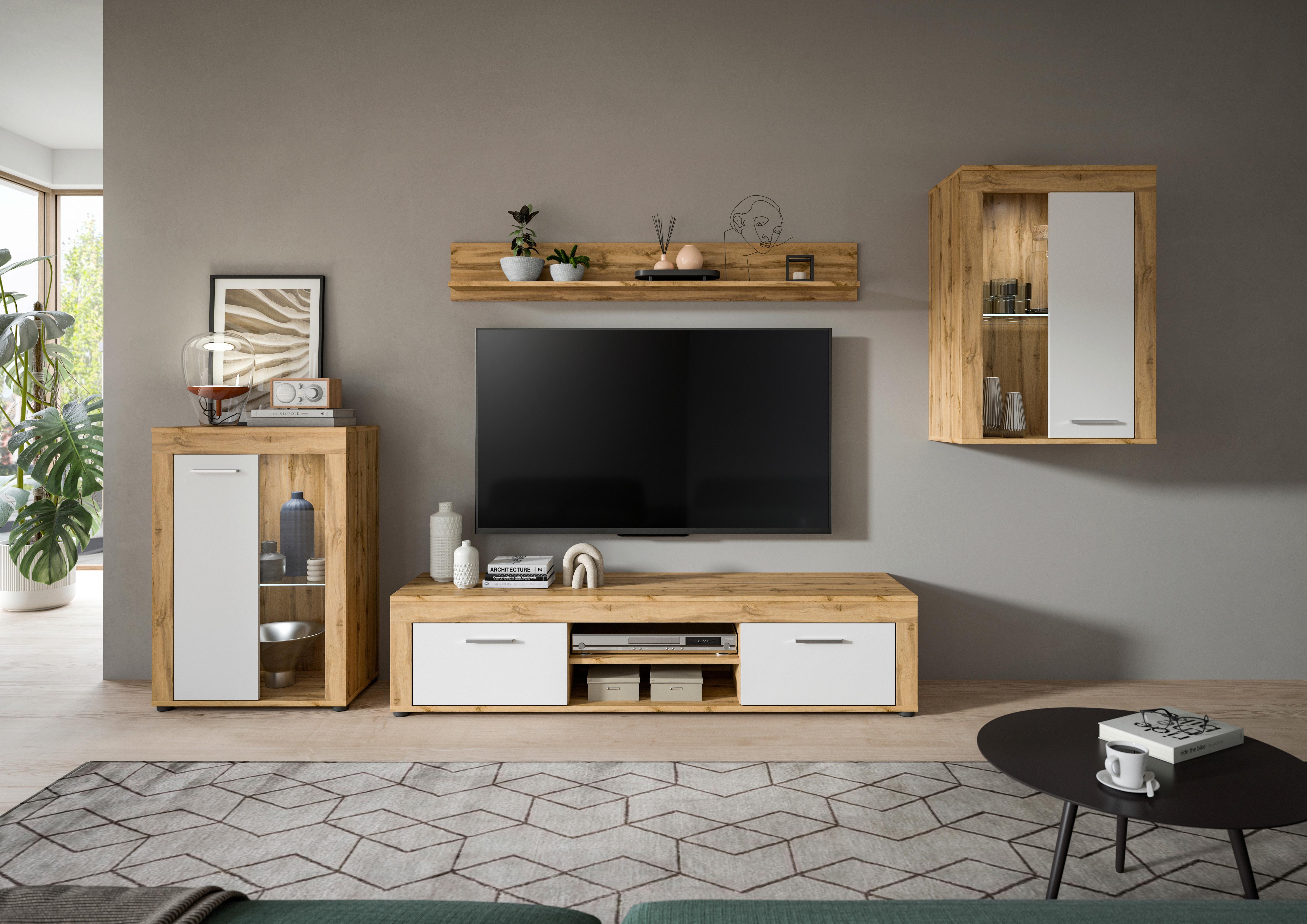 Wohnwand Jam Eiche Wotan Dekor B: 310cm - Silberfarben/Eiche Wotan, Design, Glas/Holzwerkstoff (310/169/35cm) - MID.YOU