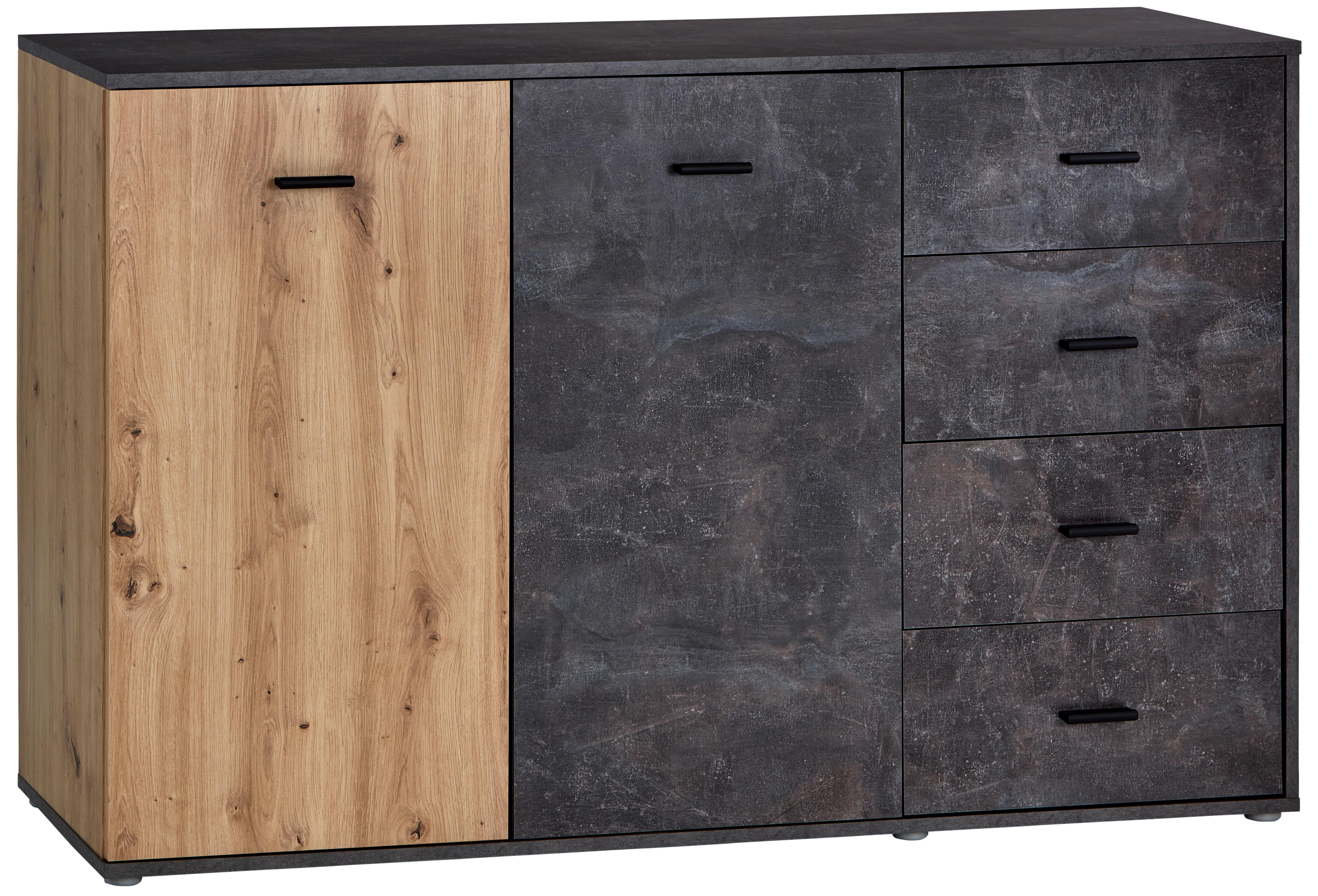 Kommode B: 143 cm Tim, Betonoptik Dunkel/Eiche Dekor