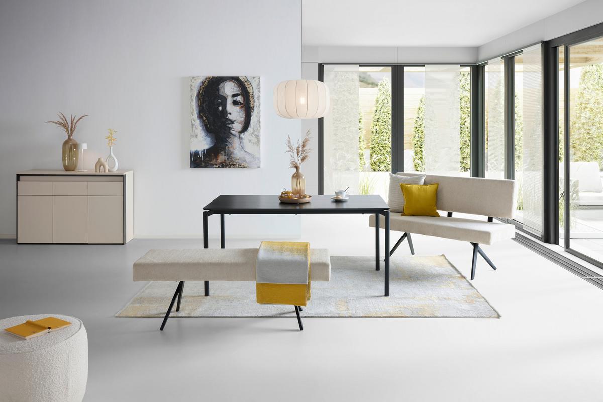 Sitzbank mit Lehne Chios Leinenoptik beige, B: 140cm - Beige/Schwarz, KONVENTIONELL, Textil/Metall (140/90/62cm) - Livetastic