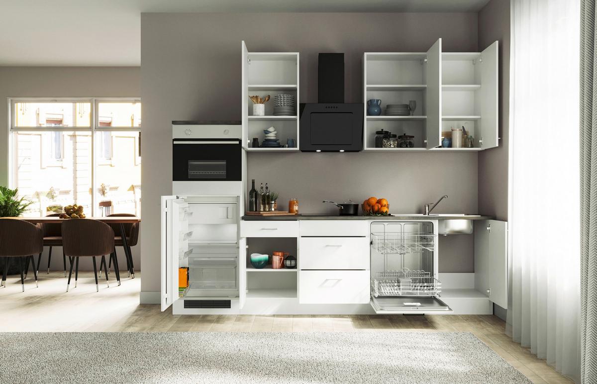 Küchenzeile Lucca Mit Geräten 280 Cm Weiß - Graubraun/Weiß, KONVENTIONELL, Holzwerkstoff (280cm) - FlexWell