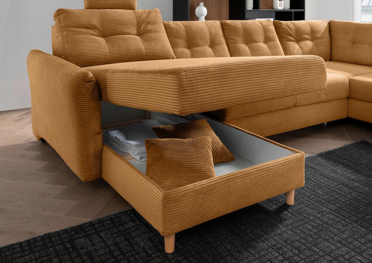 Wohnlandschaft Brizzini mit Schlaffunktion, Goldfarben - Goldfarben/Naturfarben, MODERN, Textil (176/338-352/206cm) - Livetastic