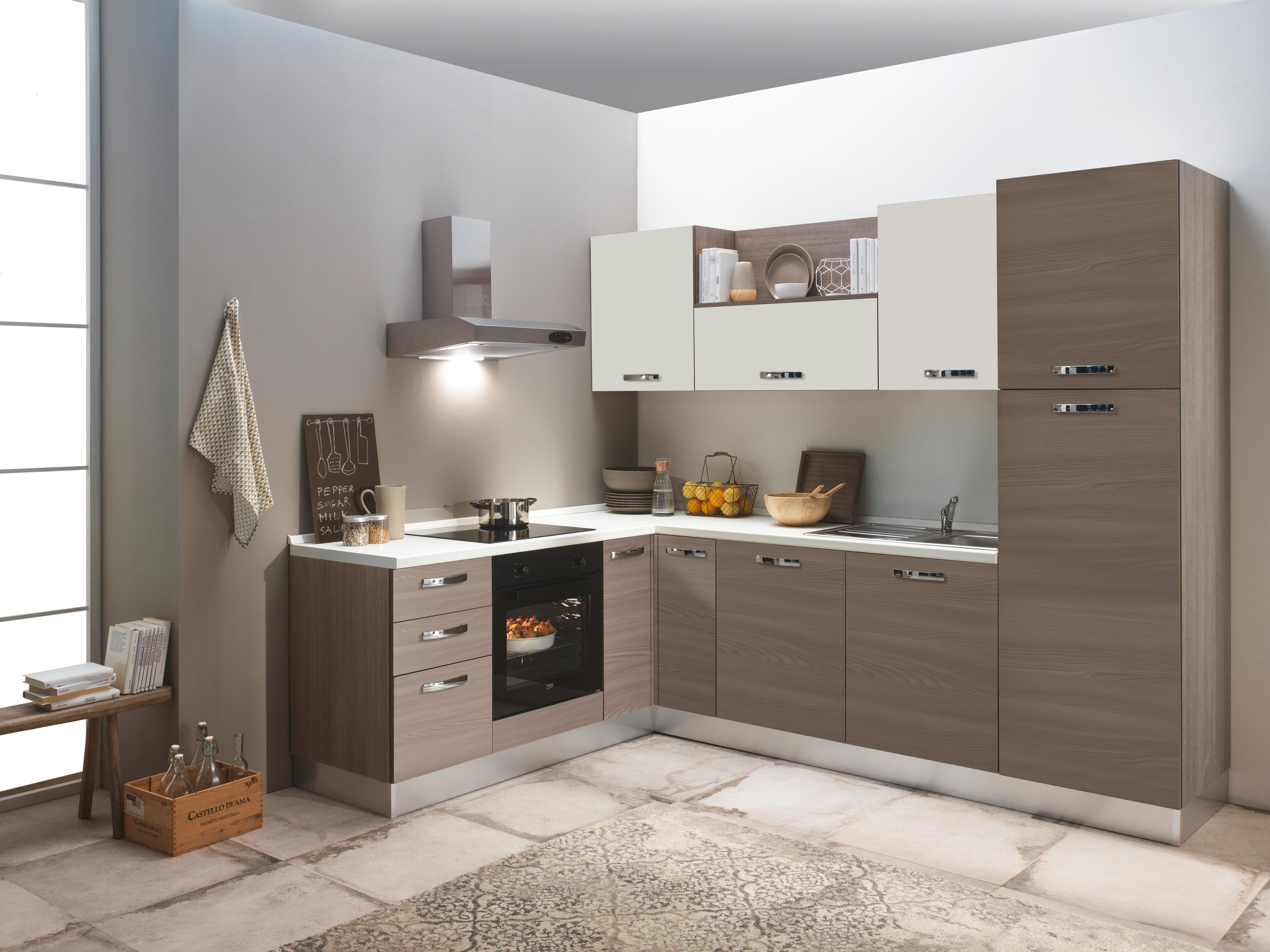 Ecksküche Sofia mit Kühlschrank 195x270 cm Ulmefarben/Weiß - Ulmefarben/Edelstahlfarben, LIFESTYLE, Holzwerkstoff/Kunststoff (195/270cm) - MID.YOU