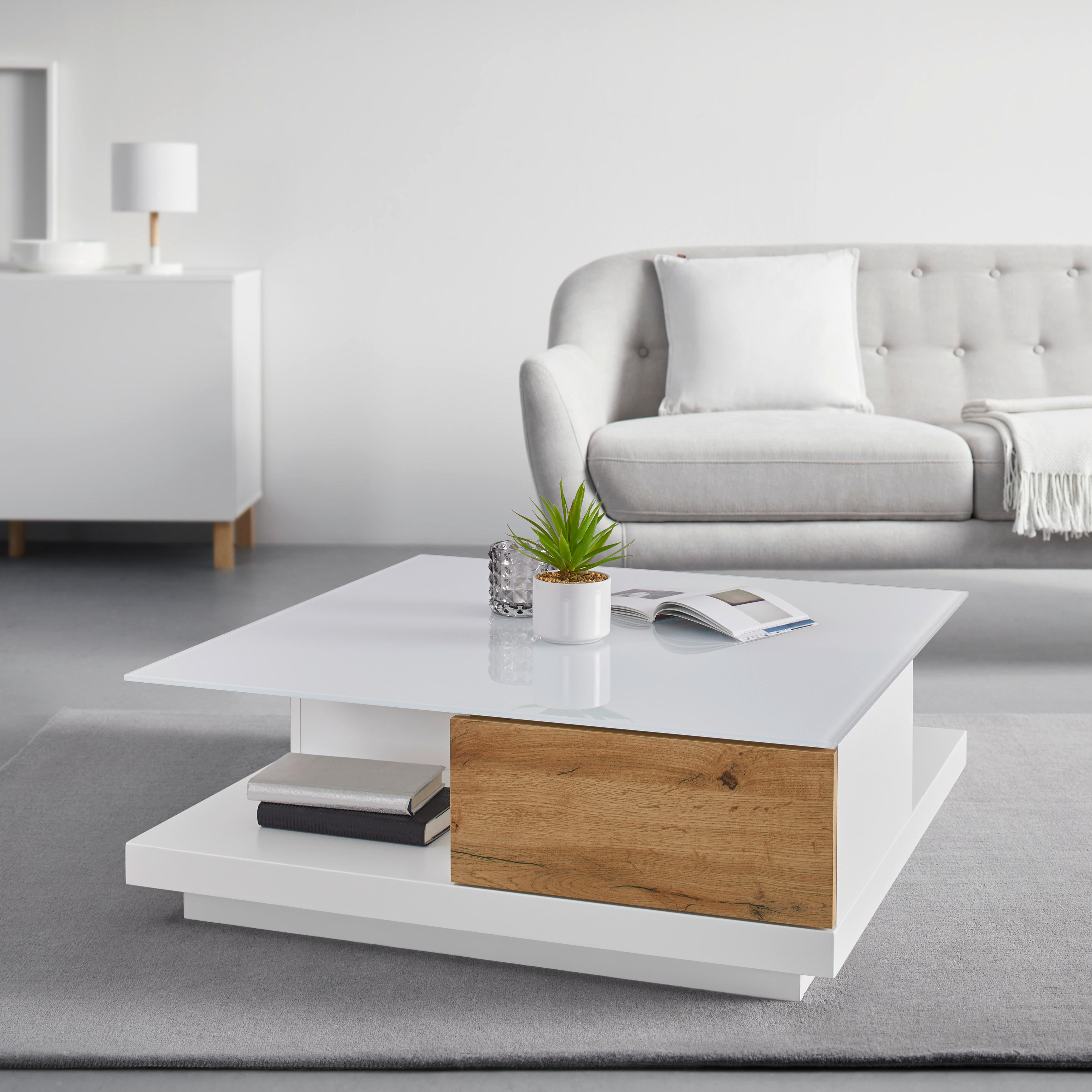 Konferenční stolek NEVIO bílá/dekor dub - bílá/barvy dubu, Moderní, sklo (85/85/30cm) - Bessagi Home