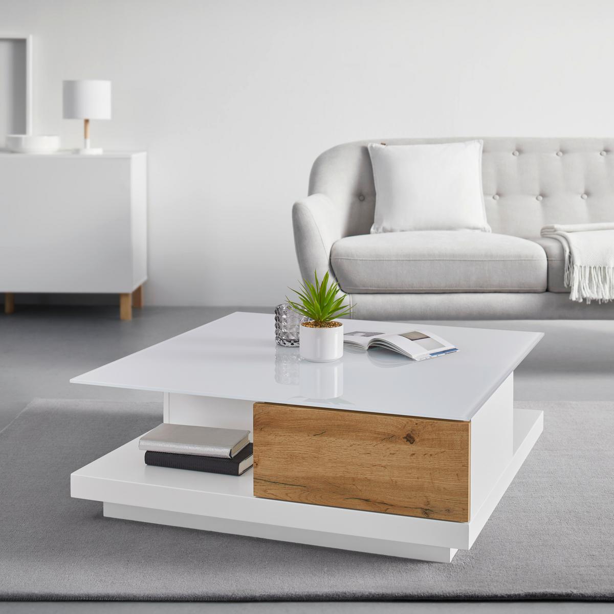 Konferenční stolek NEVIO bílá/dekor dub - bílá/barvy dubu, Moderní, sklo (85/85/30cm) - Bessagi Home