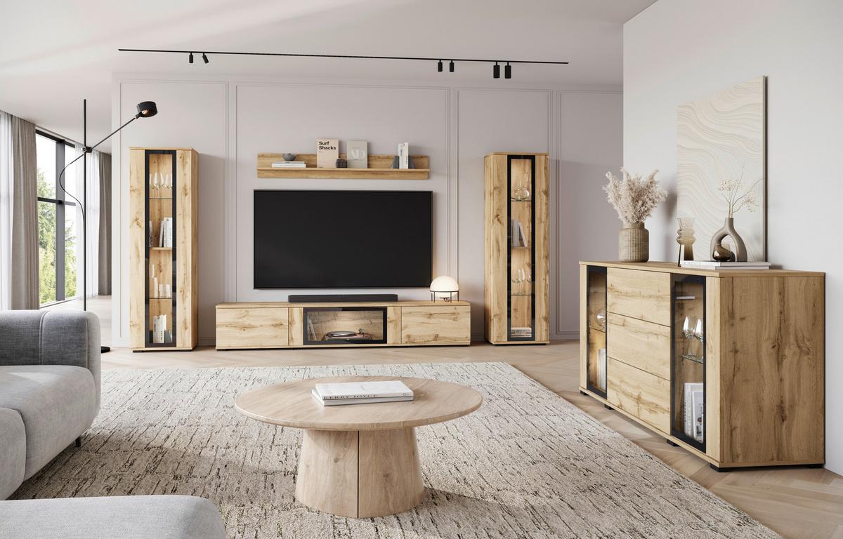 Kommode Caro Eiche Wotan B: 150 cm - Eiche Wotan/Schwarz, Design, Glas/Holzwerkstoff (150/69,7/39,5cm) - P & B
