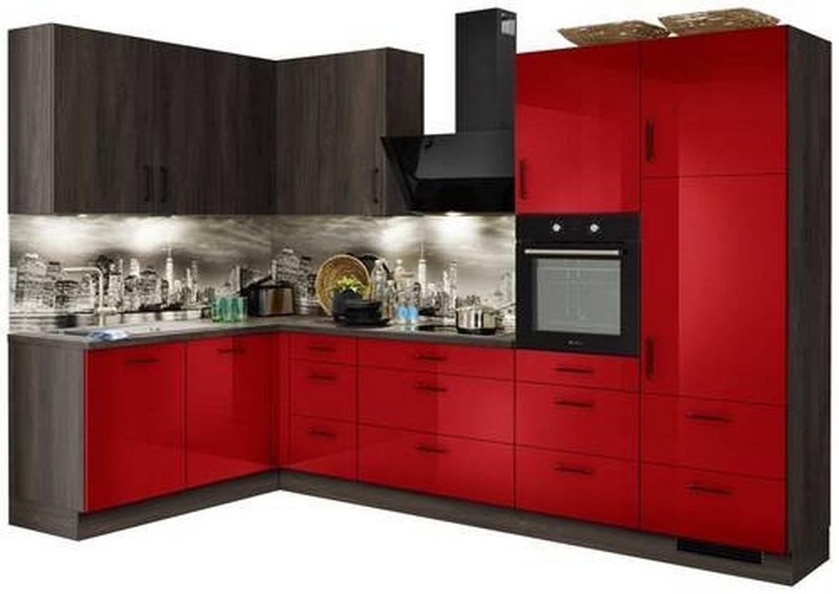 Eckküche Ip4050 ohne Geräte 185x320 cm Rot Hgl/Eiche - Eiche dunkel/Rot, Basics (185/320cm) - Impuls