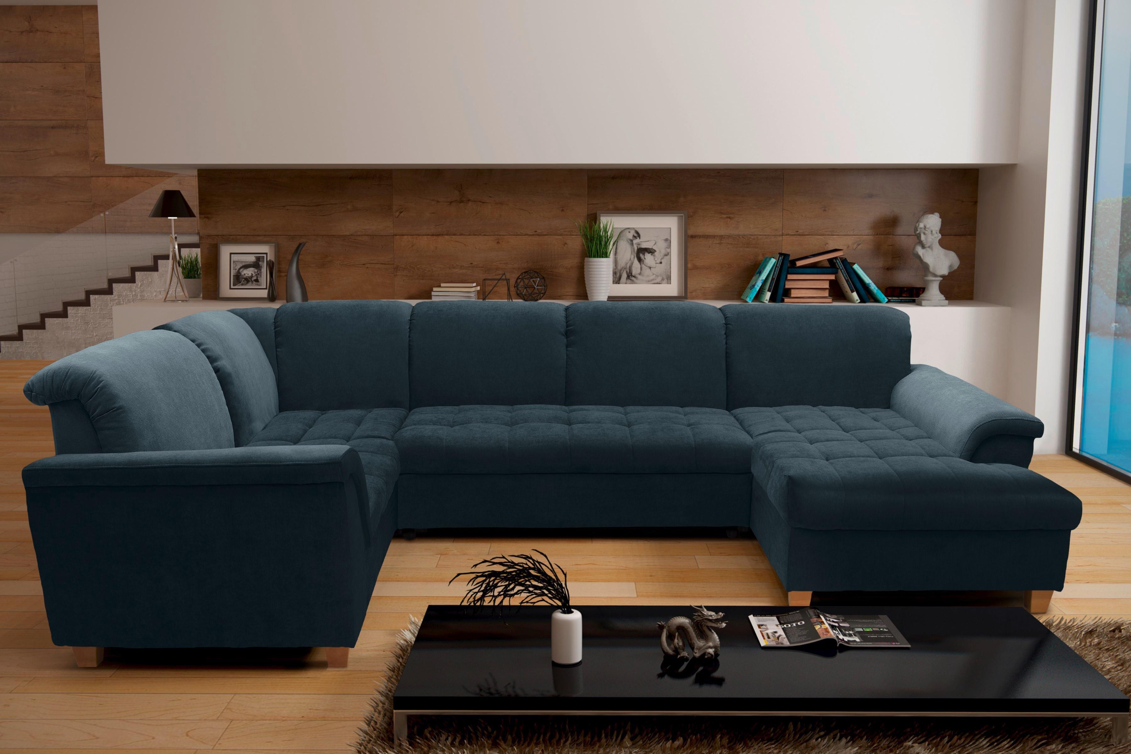 Wohnlandschaft Franzi Mit Schlaffunktion Blau - Eichefarben/Dunkelblau, KONVENTIONELL, Textil (214/352/170cm) - MID.YOU