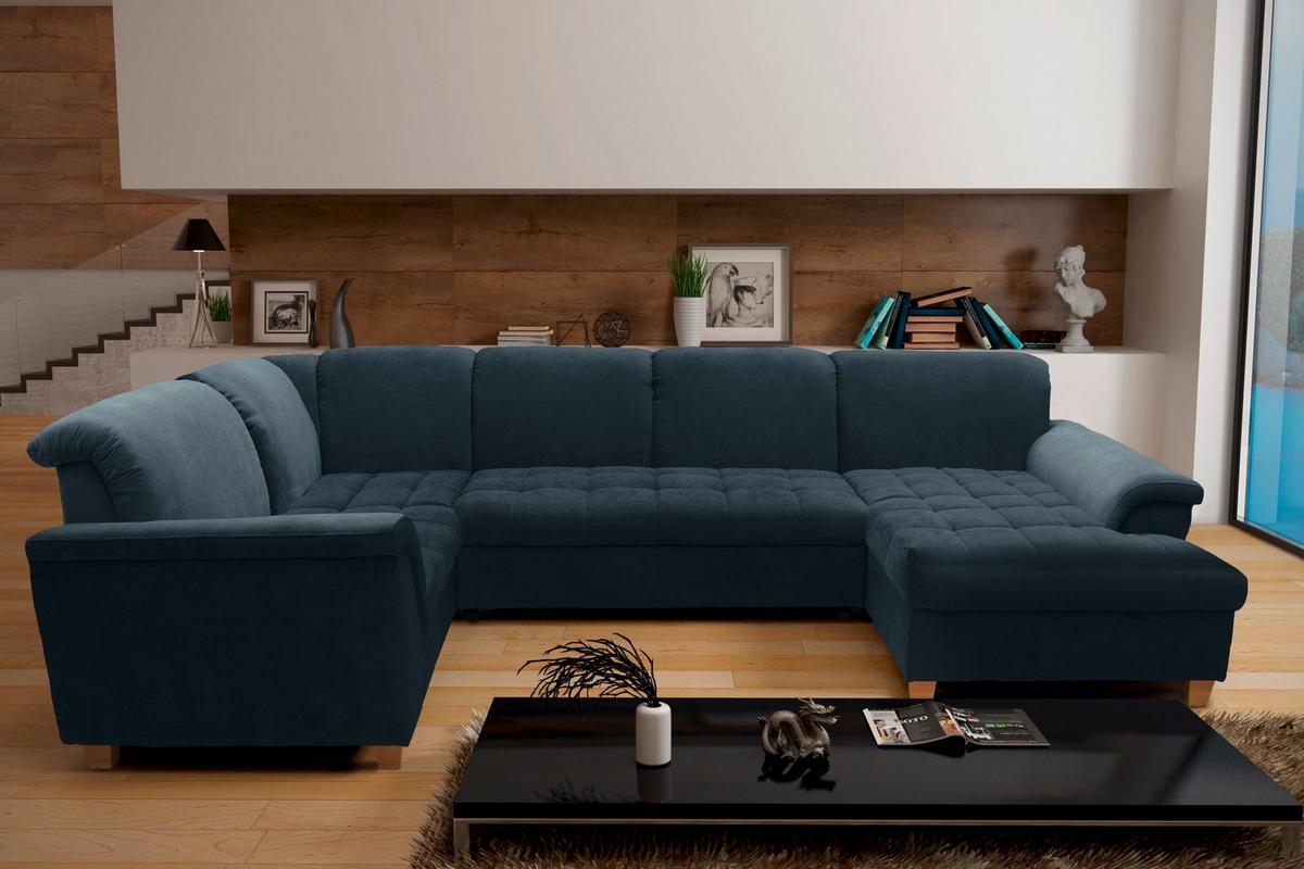 Wohnlandschaft Franzi Blau Mikrofaser - Eichefarben/Dunkelblau, KONVENTIONELL, Textil (206/344/162cm) - MID.YOU