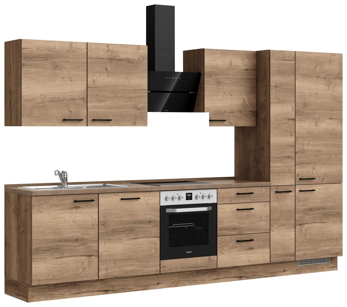 Kuchyňská linka 330 cm, dekor dub Havanna - černá/tmavý dub, Moderní, kov/kompozitní dřevo (330cm) - Nobilia