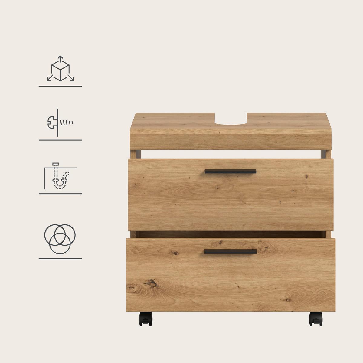 Waschbeckenunterschrank Scout Eiche Artisan Dekor B: 60cm - Schwarz/Eiche Artisan, Trend, Holzwerkstoff (60/60/34cm) - MID.YOU