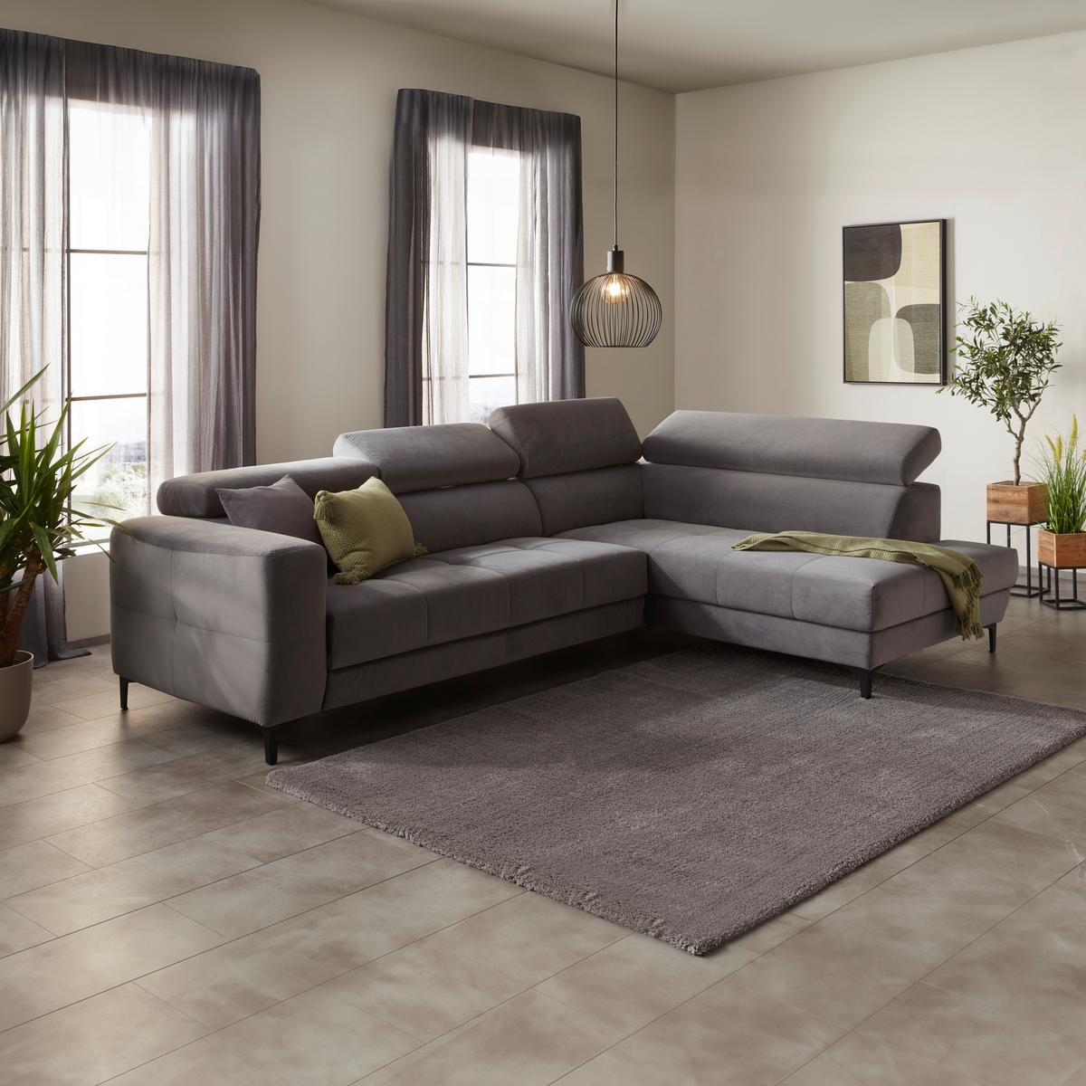 Rohová sedačka EMMA, pravá, šedá,nast.op.hl.,USB,el. výsuv - šedá/černá, Moderní, textil (301/47/210cm) - Premium Living