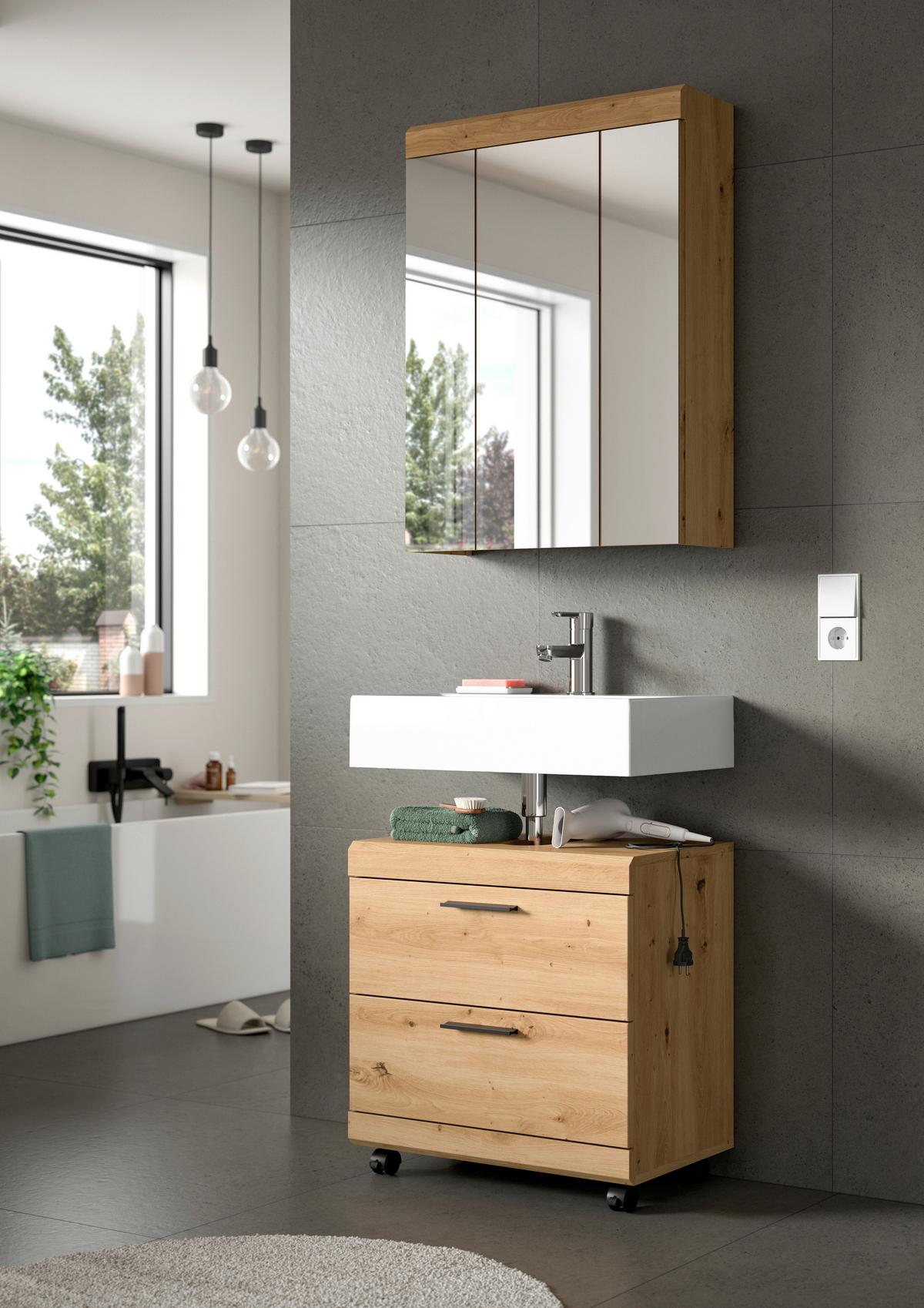 Waschbeckenunterschrank Scout Eiche Artisan Dekor B: 60cm - Schwarz/Eiche Artisan, Trend, Holzwerkstoff (60/60/34cm) - MID.YOU